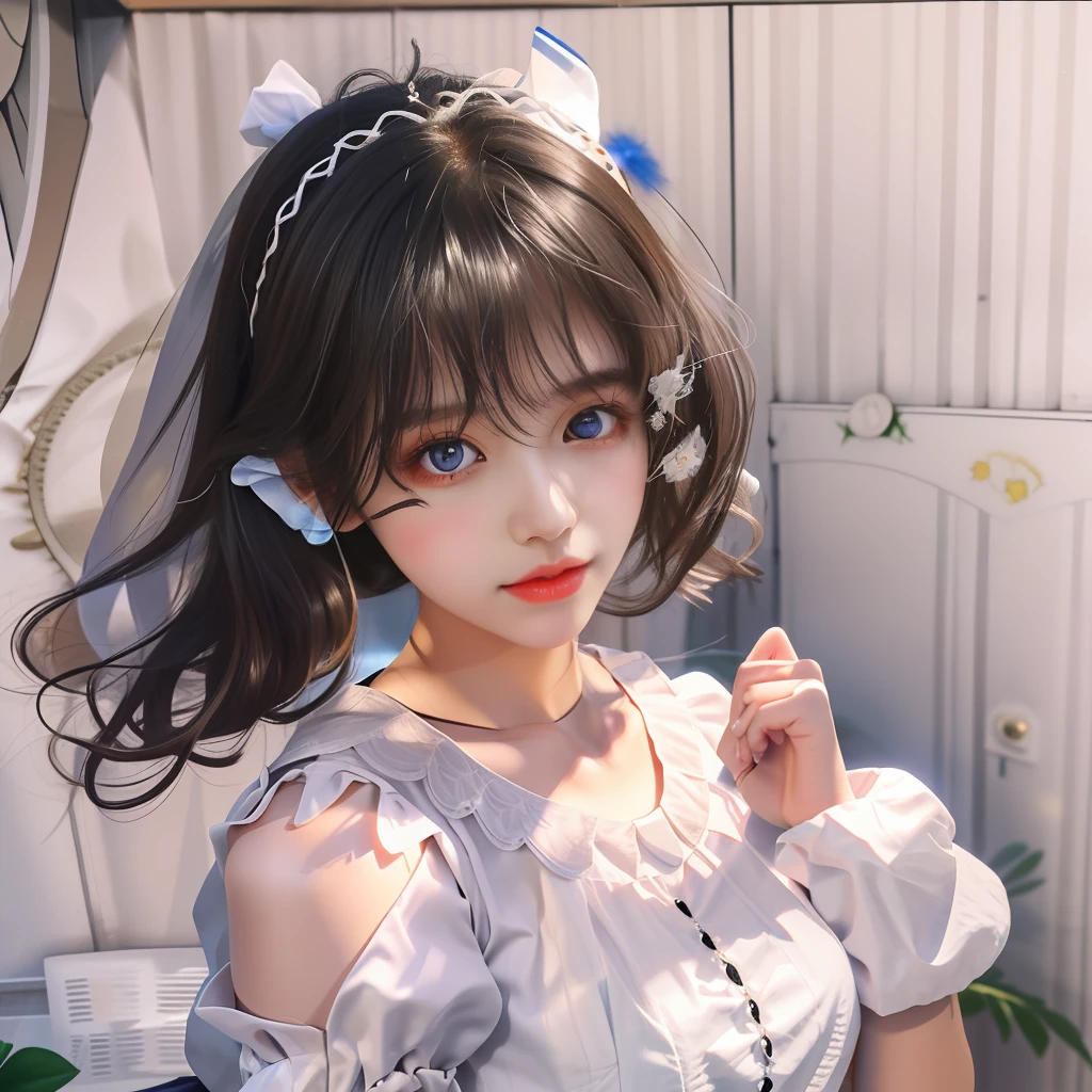 A girl,20yr old,Medium length hair,brownish black hair,The pupils are slightly blue,Puff sleeves white dress,Modern clothing