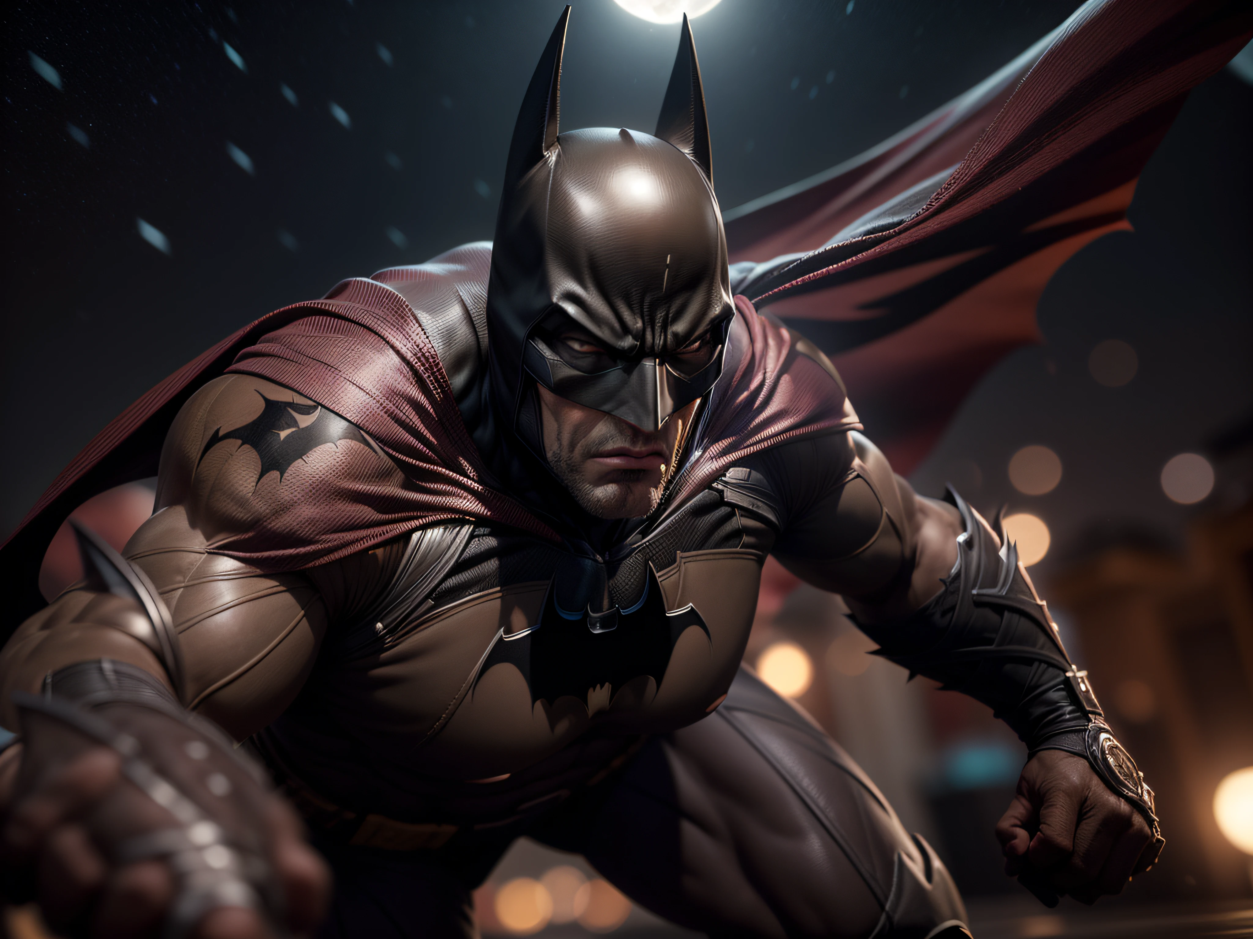 Close a powerful threat, The imposing appearance of the brown Batman fight in poses, menacing stare, ricamente detalhado, Hiper realista, 3D-rendering, obra-prima, NVIDIA, RTX, ray-traced, Bokeh, Night sky with a huge and beautiful full moon, estrelas brilhando, 8k,