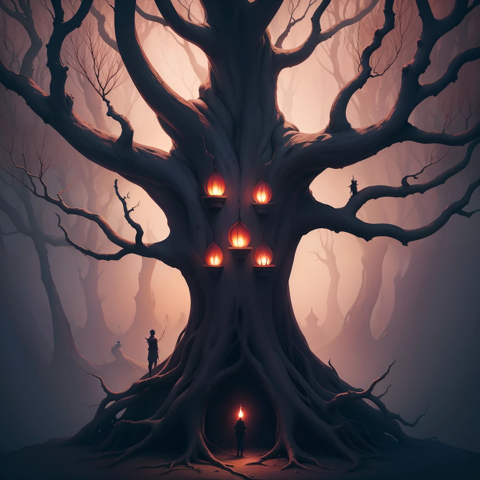 1 tree many branches fruit shaped like heads, hell's tree, fantasia sombria,