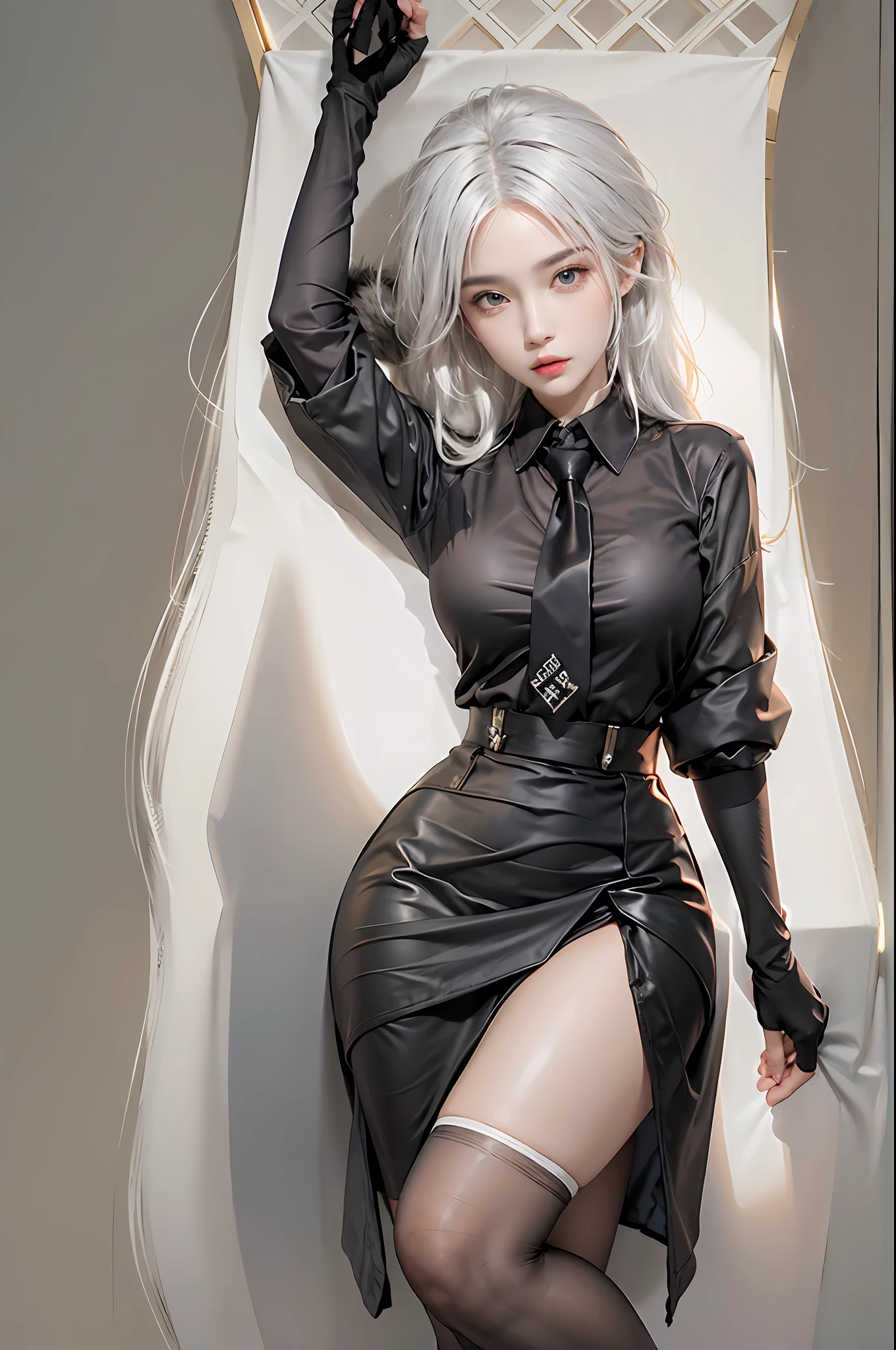 photorealistic, high resolution, 1 women, solo, hips up, beautiful eyes, close lips, detailed face, white hair, long hair, collared shirt, black necktie,black skirt, pencil skirt, fur coat, stockings