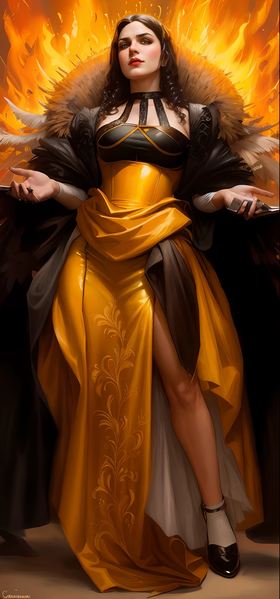 um close up de uma mulher em um vestido, Cristina Scabbia, vocalista da banda Lacuna Coil,vestido de fogo, Lacuna Coil, coberto de horrores e espinhos, traje laranja, amarelo e preto, em estilo de caravaggio, vestido feito de fogo, inspirado em J. C. Leyendecker, inspirado em J.C. Leyendecker
