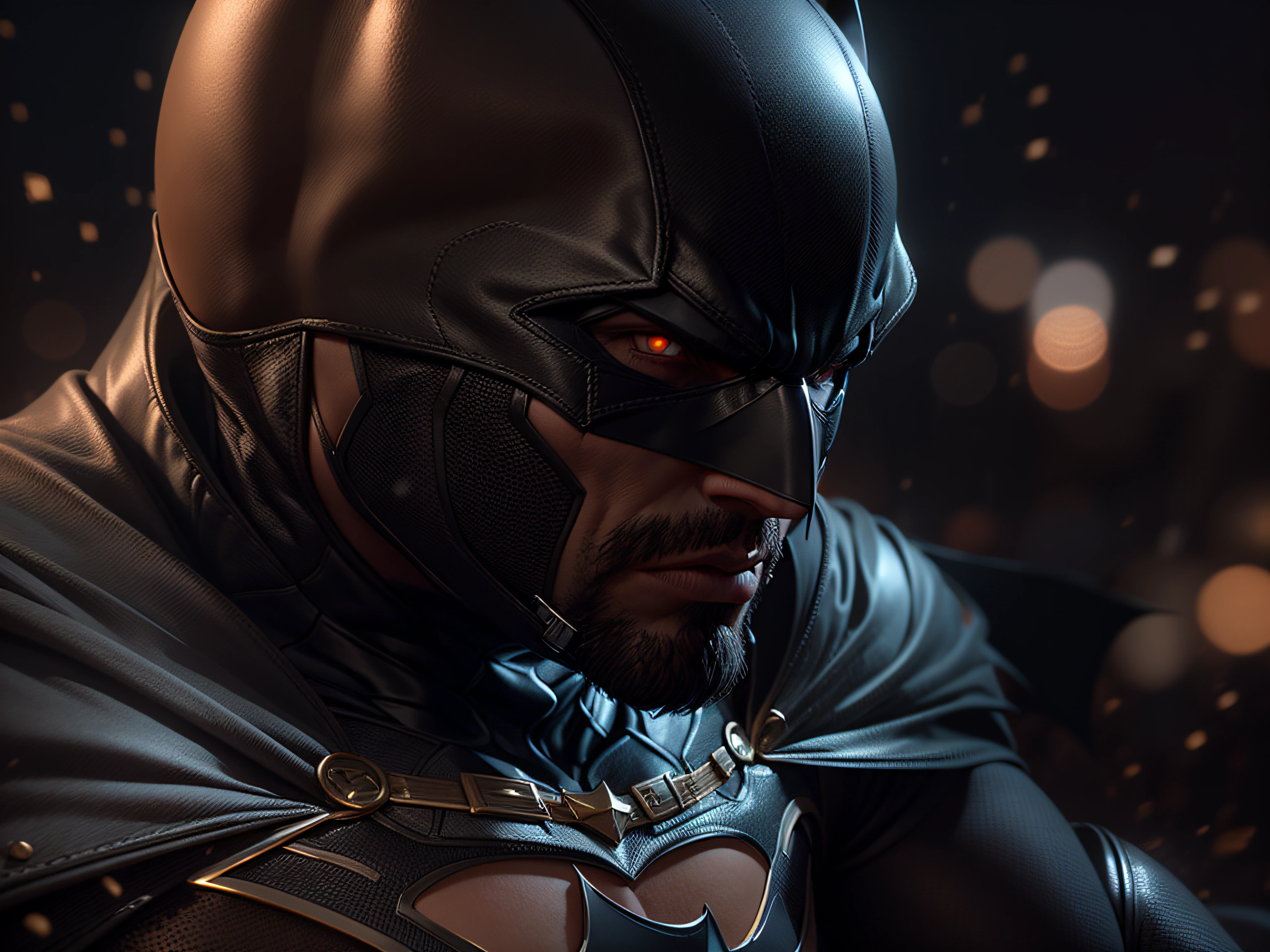 Close a powerful threat, The imposing appearance of the brown Batman fight in poses, menacing stare, ricamente detalhado, Hiper realista, 3D-rendering, obra-prima, NVIDIA, RTX, ray-traced, Bokeh, Night sky with a huge and beautiful full moon, estrelas brilhando, 8k,