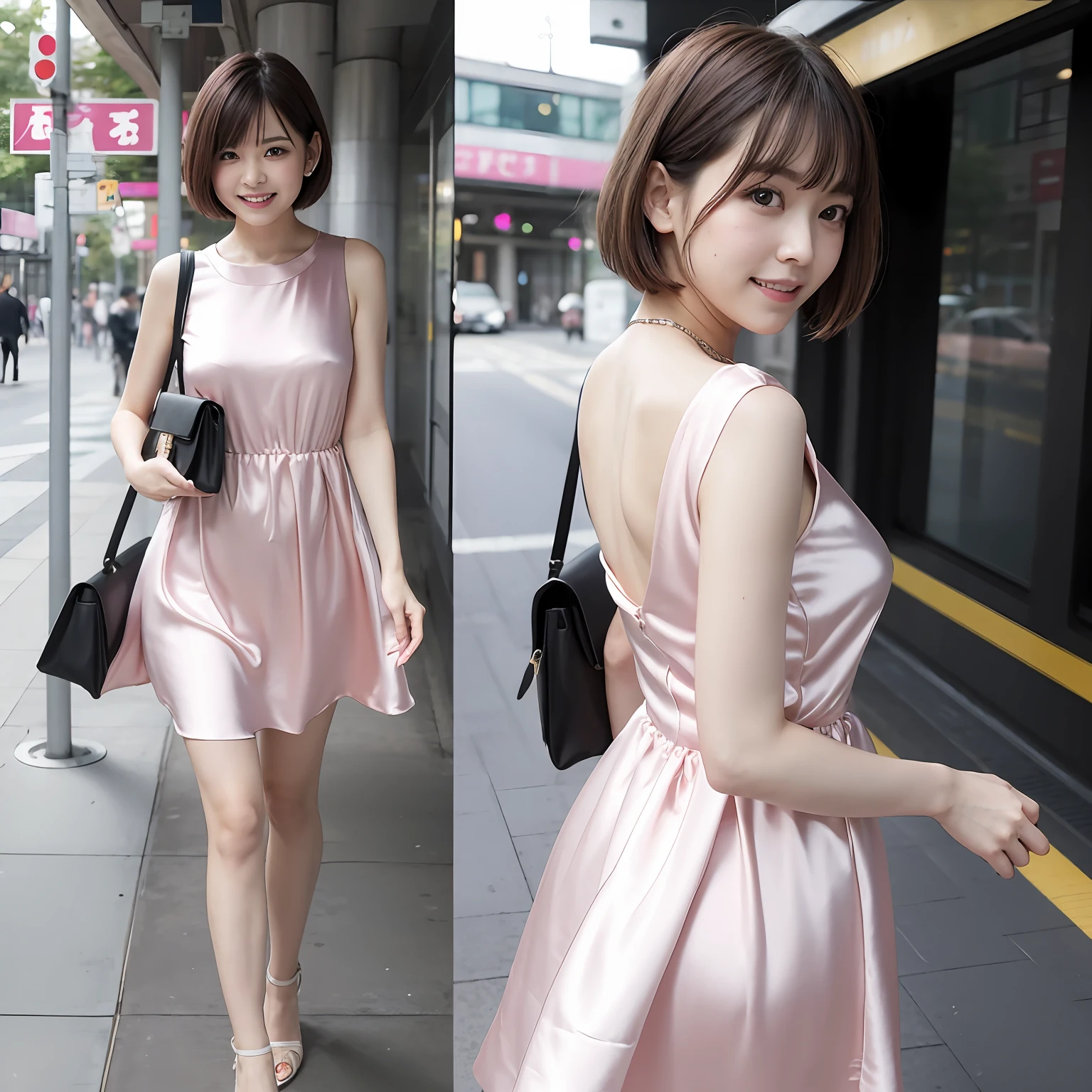Pink Silk Satin A-Line Dress, setting off, station, Colossal tits, Short bob hair, Large carry bag, masutepiece, Looks Back, A smile, Trip, trein, 26yo, beautiful countenance, ,