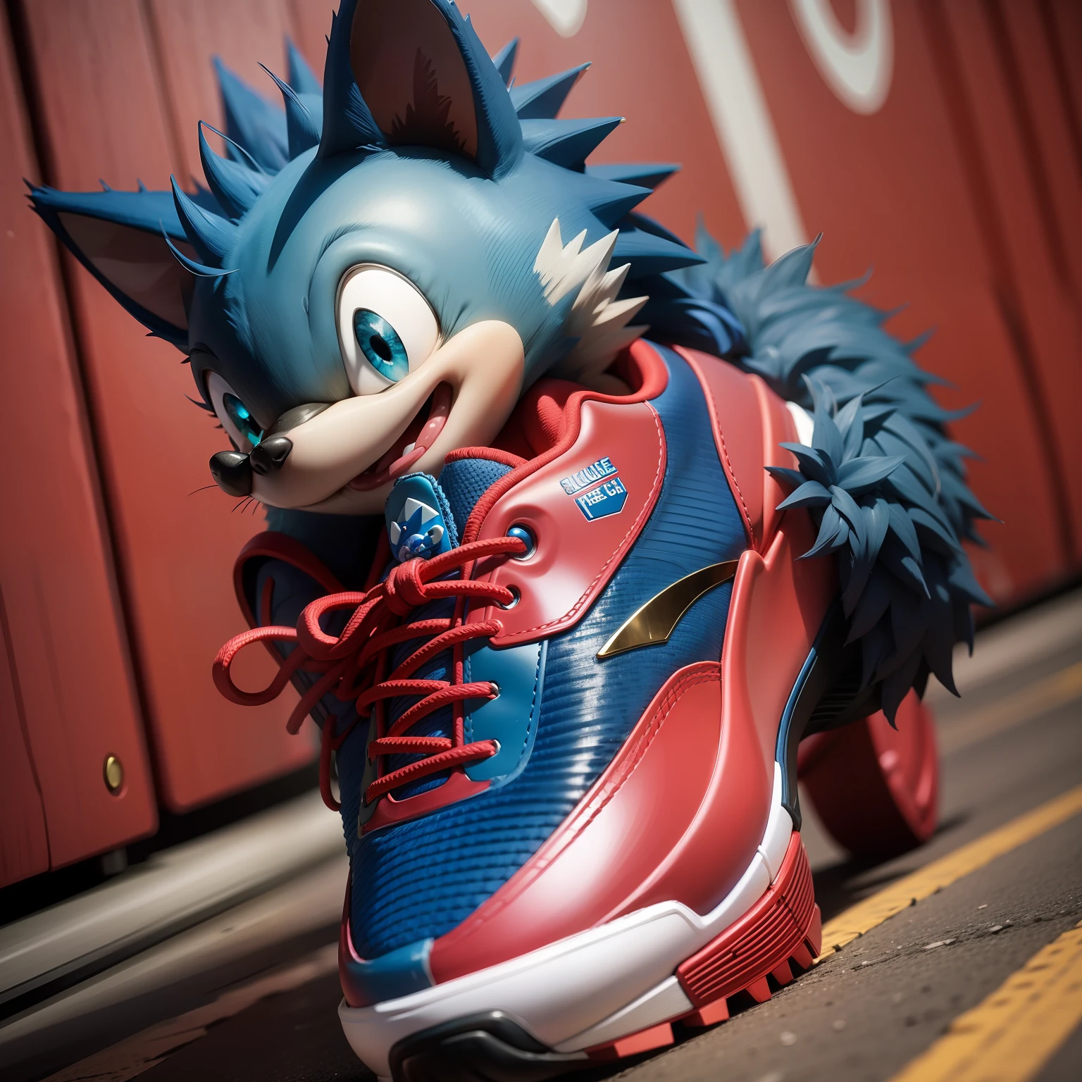 Blue hedgehog with super fast red sneakers with green eye running around holding a gold ring