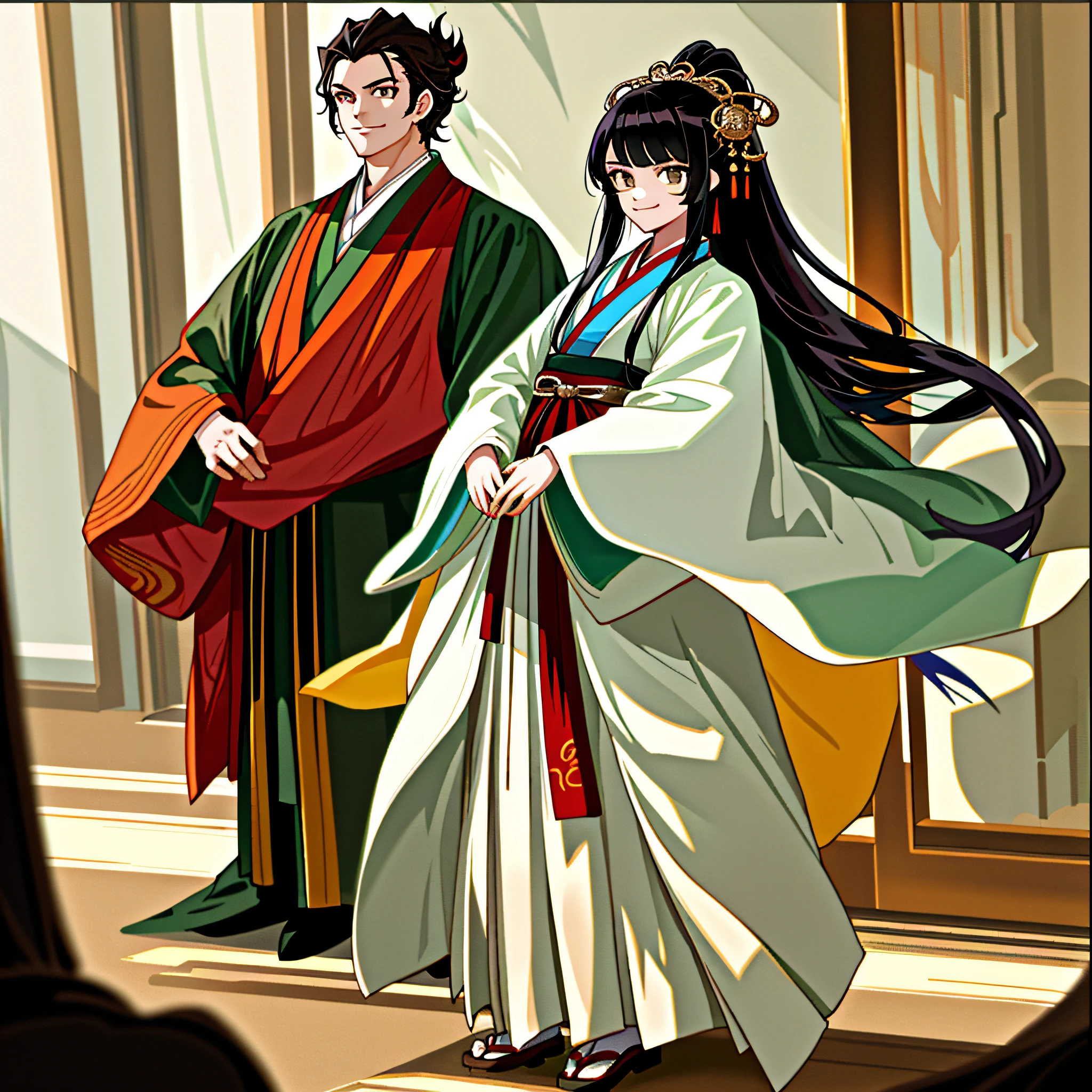 tmasterpiece,best qualtiy,1girll,1boys,standing on your feet,Hanfu,Dressed lavishly,A smug expression