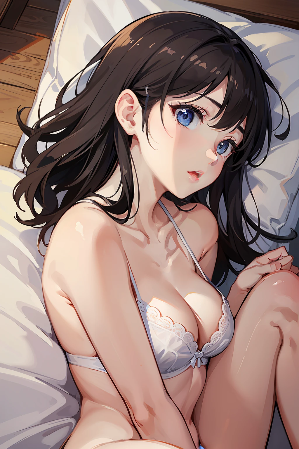 (8K、Raw photography、top-quality、​masterpiece:1.2)、Illustration Touch、ultra-detailliert、超A high resolution、1 girl in、Side view、dark brown  hair、azure eyes、tiny chest、natta、on the beds、fully body photo、Frog sitting、((fullnude))、((No clothes))、((((No underwear))))、(((no brassiere)))、Upbeat cheeks、half-opened mouth、Touching the local area