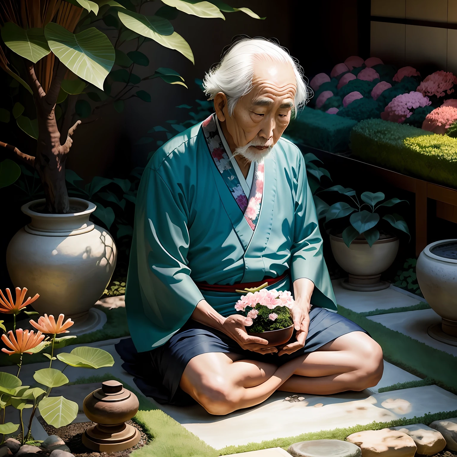Old Japanese man in a beautiful garden being watched from afar, cercado por plantas e flores, sentado meditando, expressionismo, realismo, contemporary art, olho de peixe, 35mm, Canon, UHD, obra-prima, ccurate, super detalhe, premiado, detalhes altos,, sentado
