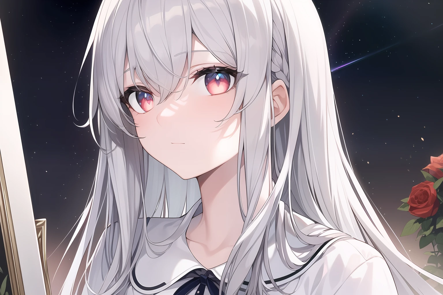 ((Masterpiece, Best quality))++, Detailed light+, Detail hair+, detail hand+ ,1girll, woman, Long hair, dark red eye, Beautiful eyes, Young gray hair,,(Beautiful white hair:1.5),(Beautiful detailed eyes), high resolution+, The shirt , White skirt, Glass tones, Reflective eyes, ((Halo)), {{Angle}} , extremelydetailedwallpaper, Original,
