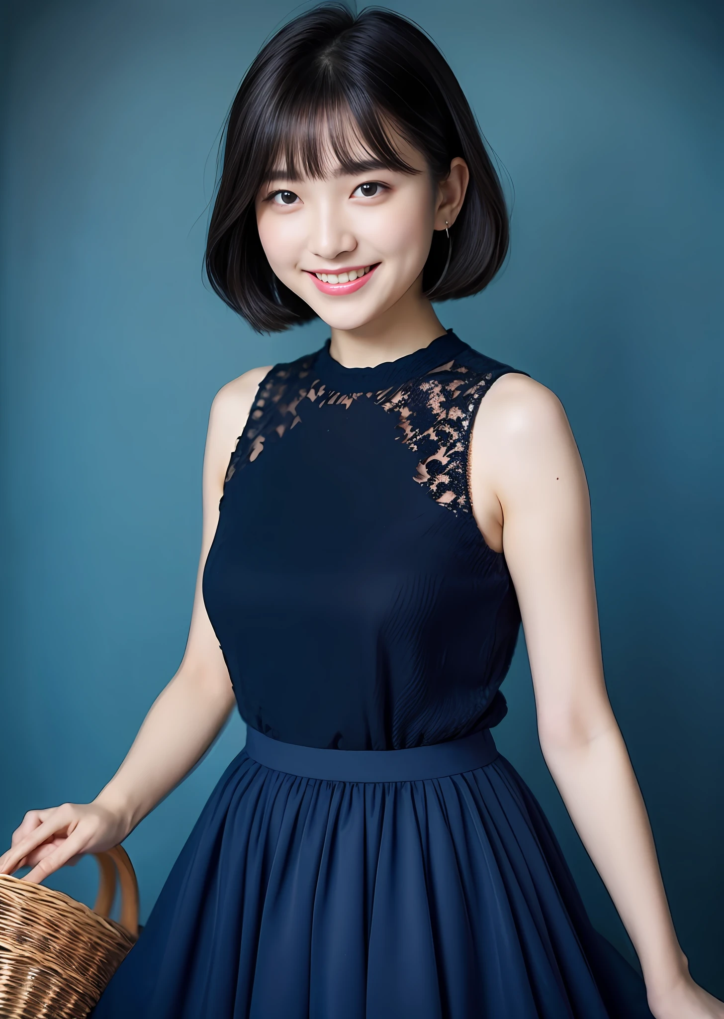 white frills chiffon sleeveless tops, white tulle maxi skirt dress, mermaid line, wicker basket bag、top-quality、masterpiece、18year old、Japan Girl、Very short cut black hair、Lustrous hair、big eye、Double eyes、Grinning smile、Sarah clothes in Japan、Dark blue skirt、Korean Beautiful Girl