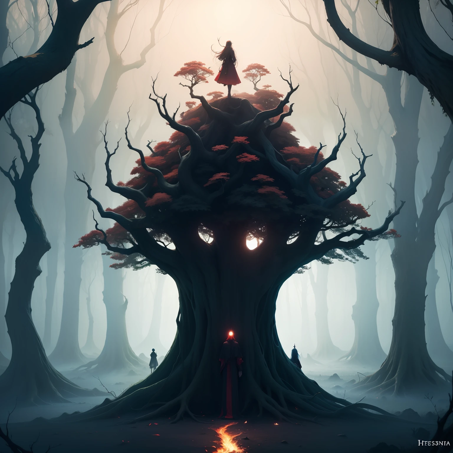 1 tree many branches living heads, Hell Tree, fantasia sombria,