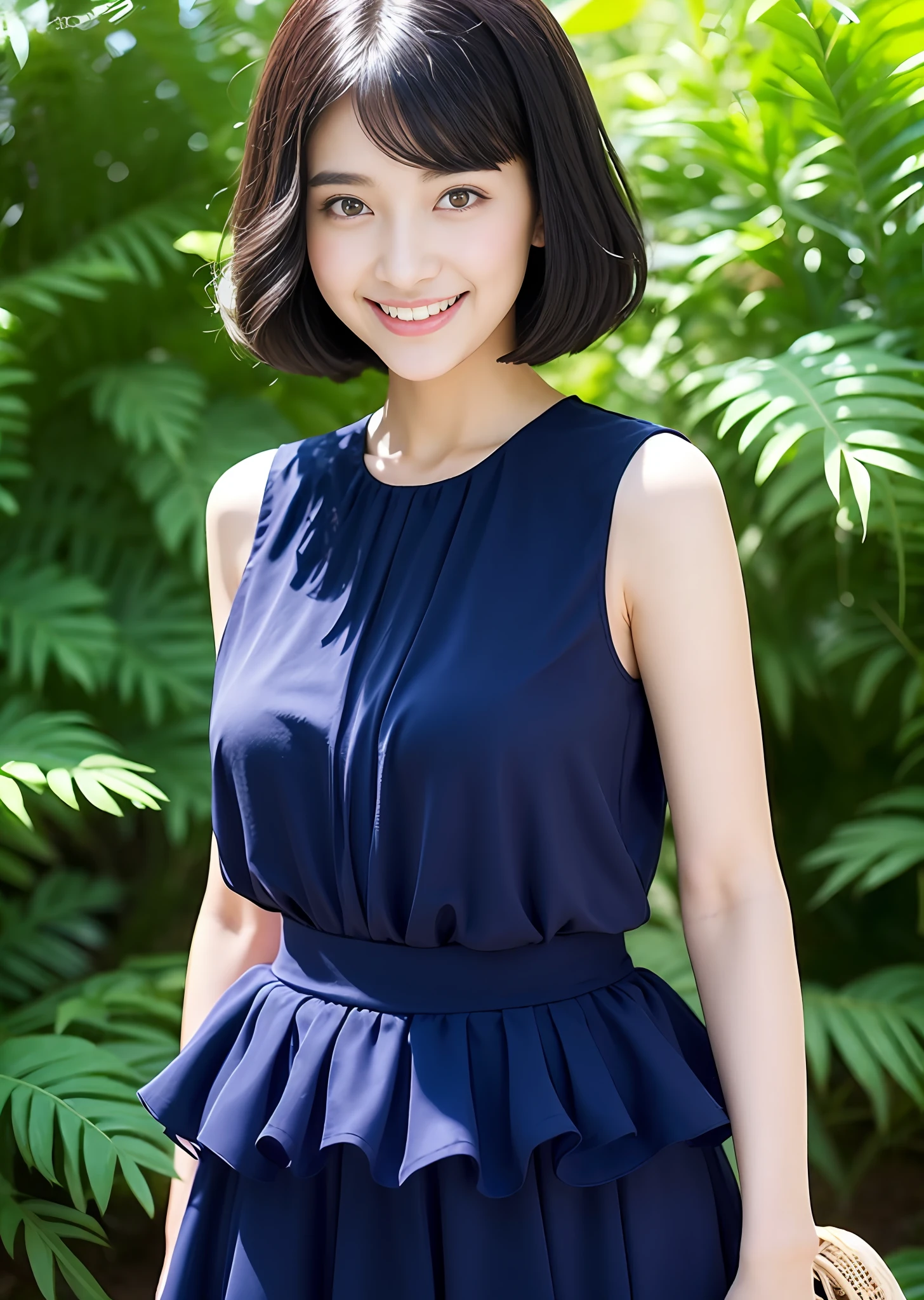 ((White Ruffled Chiffon Sleeveless Top, White Tulle Maxi Skirt Dress, Mermaid Line,)) wicker basket bag、top-quality、masterpiece、18year old、Japan Girl、Very short cut black hair、Lustrous hair、big eye、Double eyes、Grinning smile、Sarah clothes in Japan、Dark blue skirt、Korean Beautiful Girl
