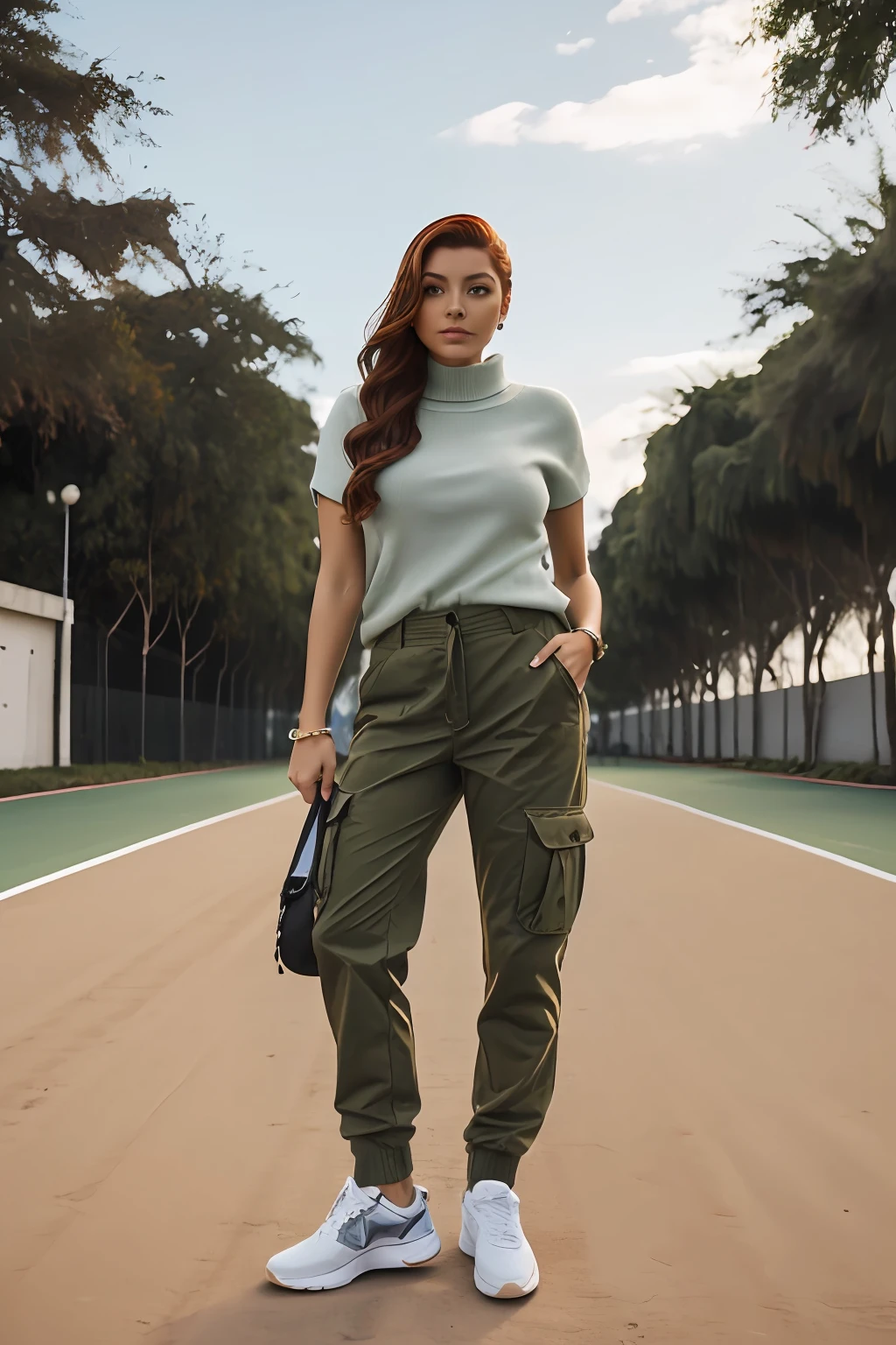 mulher bonita, ruiva, cabelo solto, cheio e ondulado, Sueter justo gola alta, military office pants, tenis branco, 4k, alta resolução, Pele fina, melhor qualidade