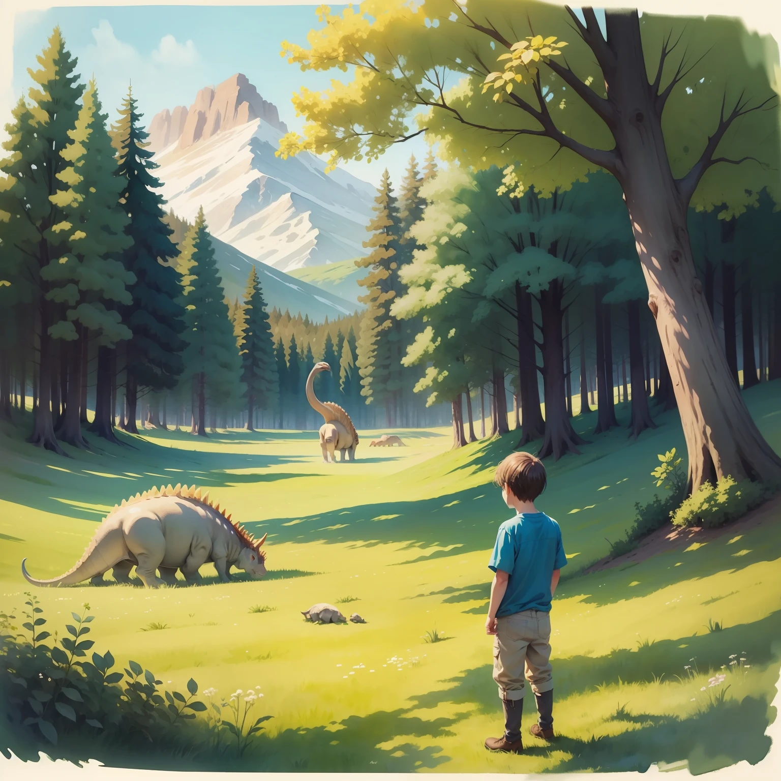 There is one boy in the meadow Dinosaurs nearby Watercolor