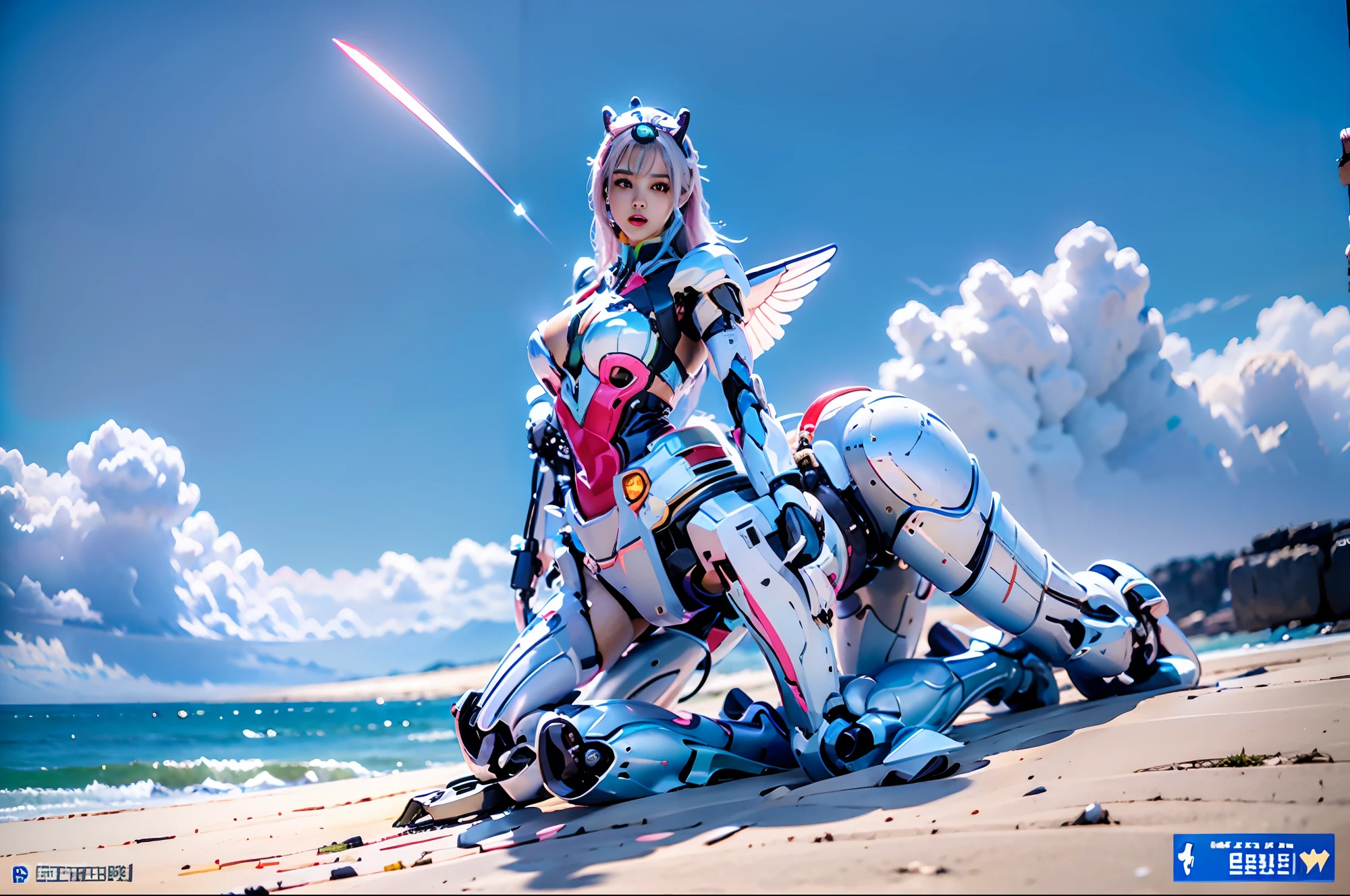 In the center of the ultra-wide-angle lens, Beautiful and ethereal mechanical centaur queen spreads her wings on the ionosphere for jumps。The upper body of the Centaur Empress is a sexy figure with distinctly feminine characteristics,The lower body is a mechanical part,Horse-like torso,Streamlined sexy lines。Use the advanced stroke tools and color palettes halfway through, and texture packs, Model package, Texture tools,Concentration,Give the Mechanical Centaur Empress a harmonious moving line,The mechanical light wings of the Queen Satyr are plated with a unique space glow,The halo crown on the head of the Mechanical Centaur Queen projects neon lights,Let her be majestic,Add complex textures and models to the Mechanical Centaur Empress, Give the real body soft and sexy lines and an authentic texture,Let the legs in the shape of horse legs elegant and slender,Give the Mechanical Centaur Empress a sexy and touching K-cup teardrop-shaped giant breasts, Huge texture and real shine,Exudes bondage。With Midjourney's advanced brush tools and palettes and strokes, Try different models and materials,Create a magnificent one, epic look at your scene,Let the mechanical centaur queen harmonize elegance and ethereal,Clearly show the fallen enemy wreckage and the lunar surface against the background of the starry sky。Use Midjourney's powerful tools,You can bring this magnificent and futuristic scene to life with incredible detail and beauty。 hdr,(真实感,Masterpiece quality,best qualtiy),,PureErosFace_V1,Urzang-6500-V1 version.1
