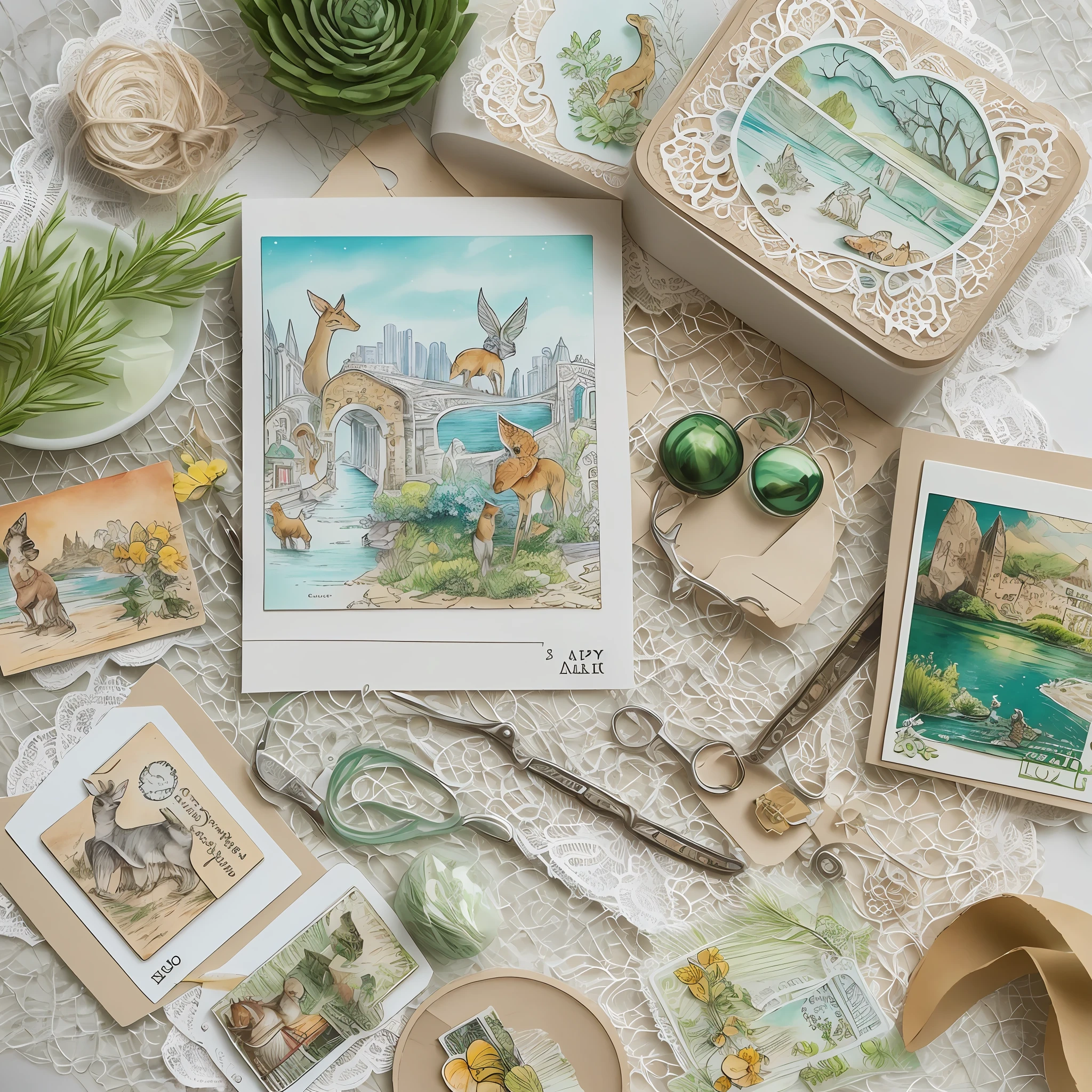 Paper & Lace shop page with gift cards,Stamp pads and scissors, In a colorful still life style, romanticized landscapes, instax, Playful and whimsical depictions of animals, green color, Translucent color, love and romance