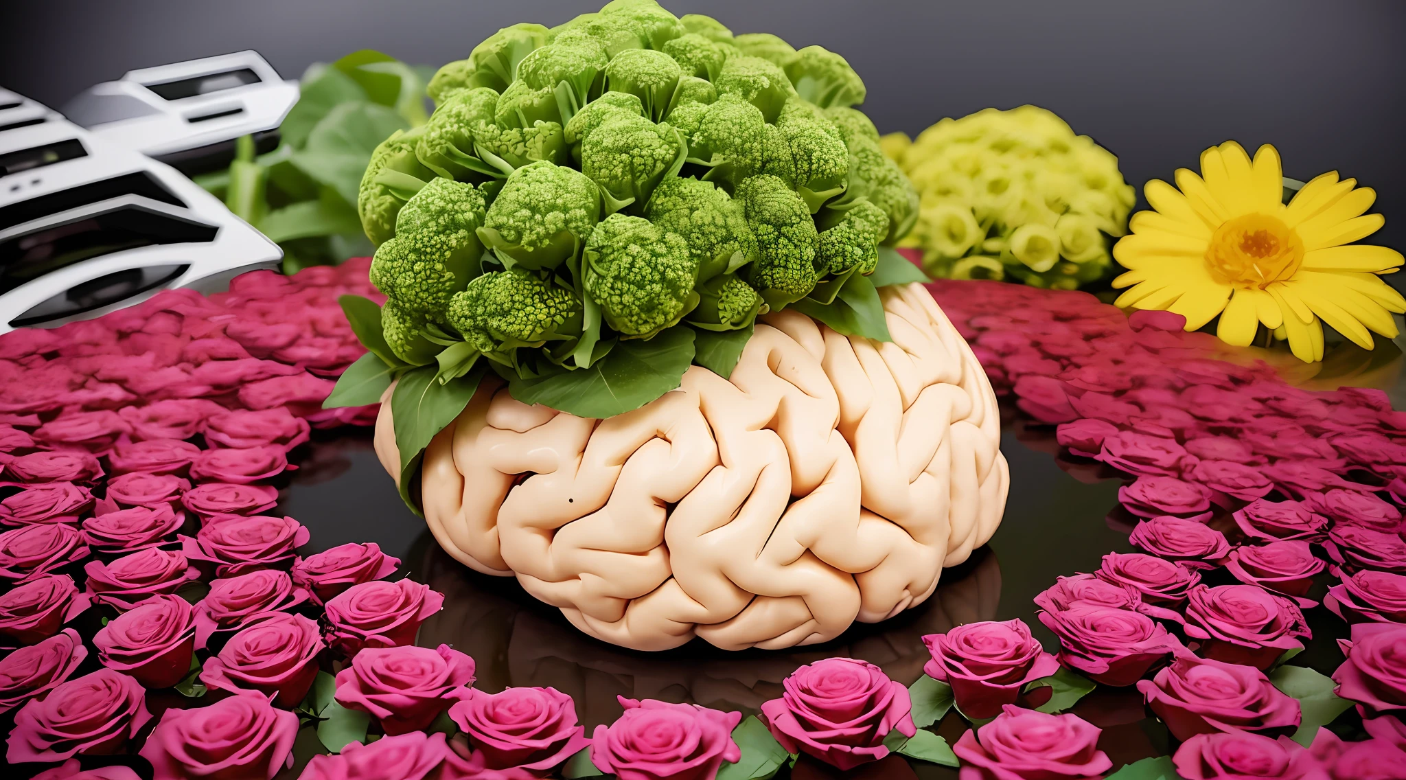 A brain sprouting flowers and roses and vegetables