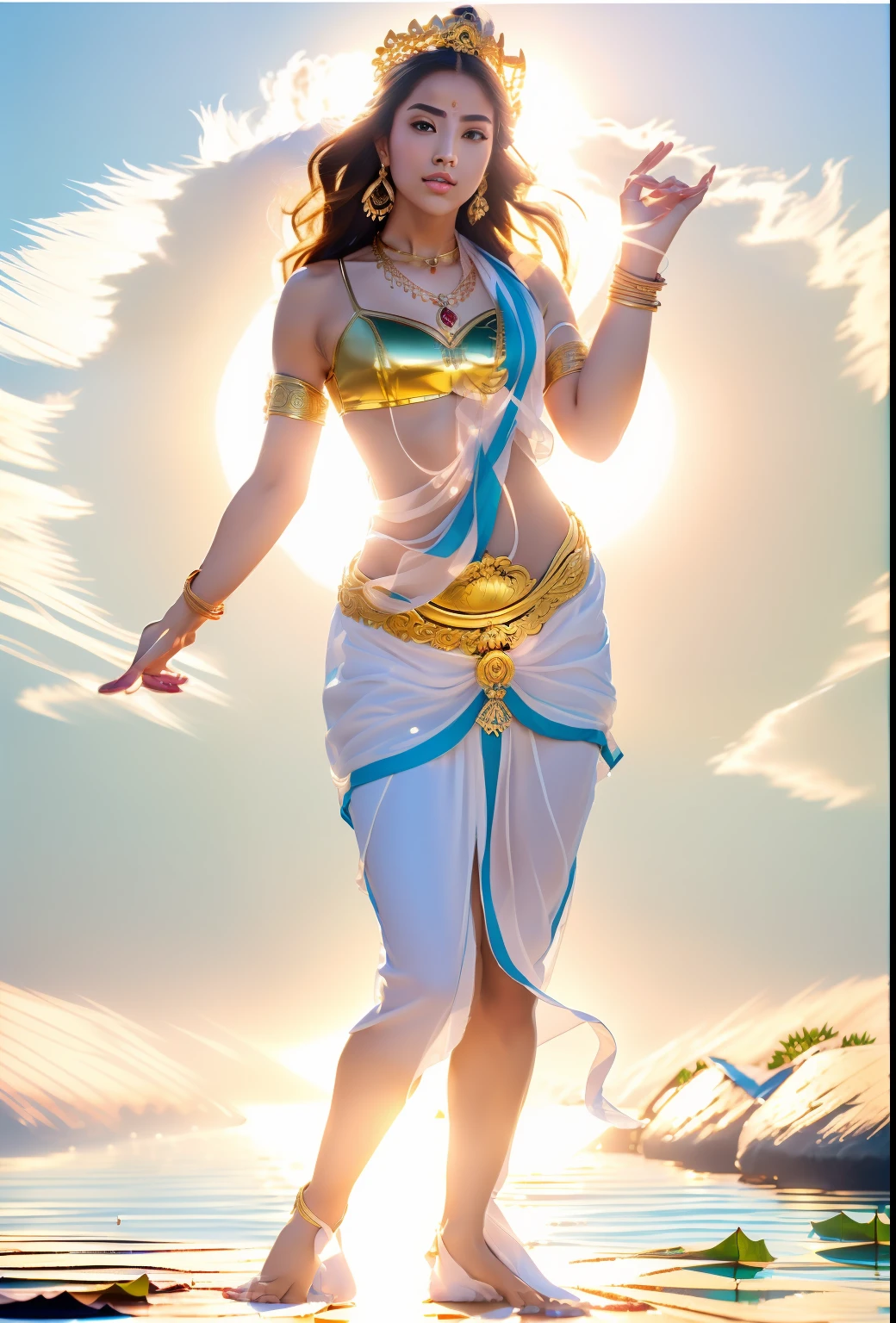 A beautiful goddess,Stand on a large lotus flower,Gentle expression, old,(((body high:1.5))),((middlebreast:1)),(Abs:0.7),(glute:1.2),(healthy-looking skin, Thin skin, seductiveexpression, 二重まぶた,Jelly textured lips, Glowing lips,Small upturned lips,Shiny skin,(((Flawless skin texture))),Real pores,ctextured skin,choker necklace,Yingluo,(Dynamic hair,Hair hanging down the shoulders,Beaded hairpins,Nobile),Glossy glossy skin,Glowing skin,Radiant hair,eyes looking at the lens,The body has a round light,Light,The blue sky has a small number of white clouds,
High quality detailing, Cinematic lighting,absurderes, unbelievable Ridiculous, hugefilesize, ultra - detailed, A high resolution, The is very detailed,best qualtiy,tmasterpiece,illustratio,The is very detailed,CG,unified,8k 壁纸,Amazing Cleavage,finely detailled,tmasterpiece,(((dynamicposes))), ((Correct anatomy)),(((Correct dissection))