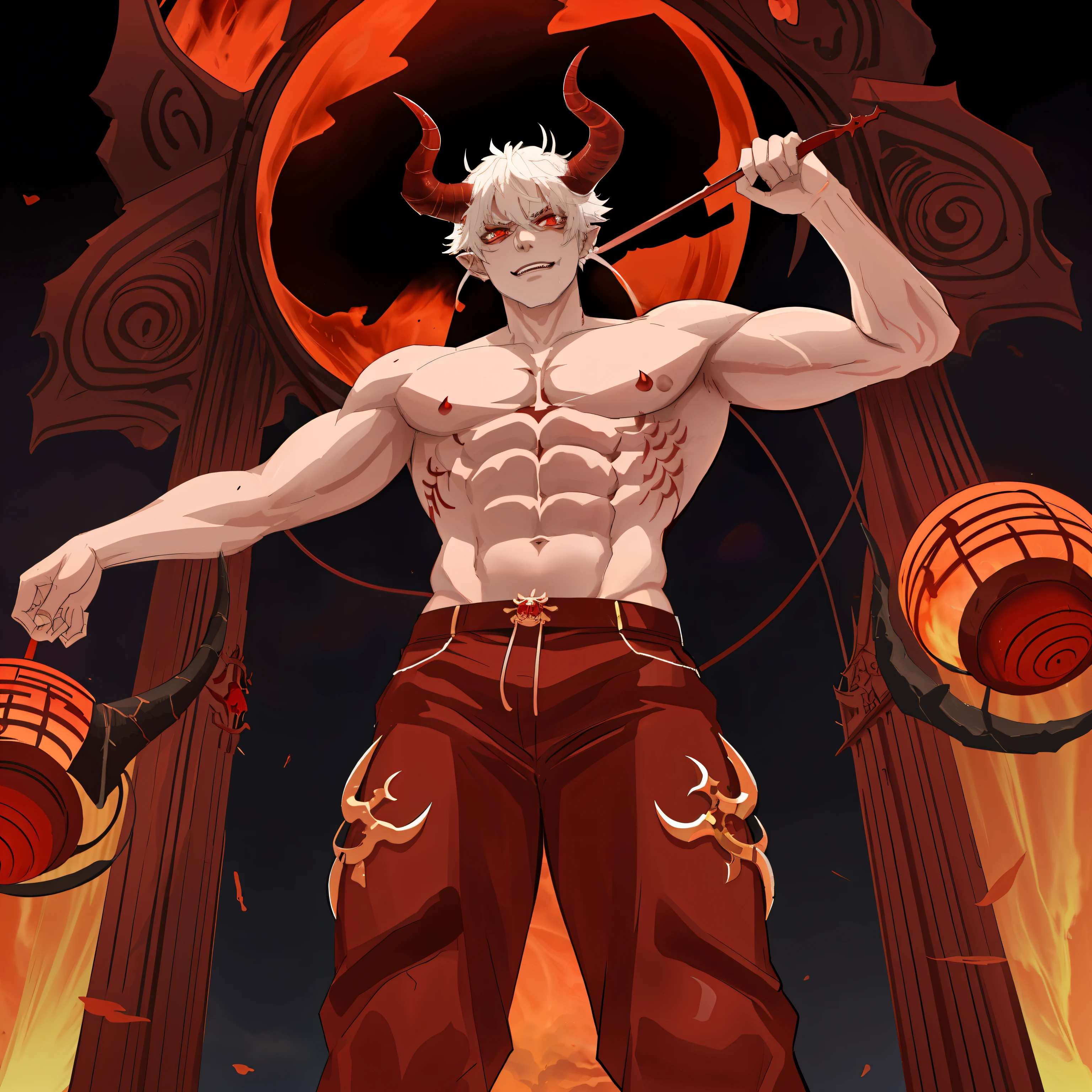 fit male demon with horns, oni horns, with horns, red skin, towerring above you, (((from below))), 500 meters tall, towering above planet, destruction, cosmic background