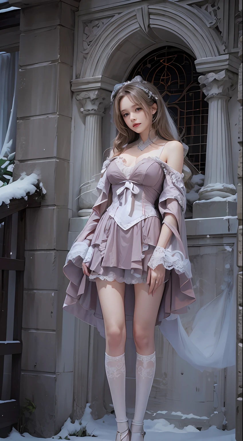 （8K，RAW photos， best qualtiy， tmasterpiece：1.2），（realisticlying， photograph realistic：1.4)，Hide your face with sadness，
Lolita costume，Lace， Aerith Gainsborough， The upper part of the body，upper legs，Lace， undergarments，exposed bare shoulders， do lado de fora， (outside，Covered with snow，cloaks，) high high quality， Adobe Lightroom， highdetailskin， looking at viewert，