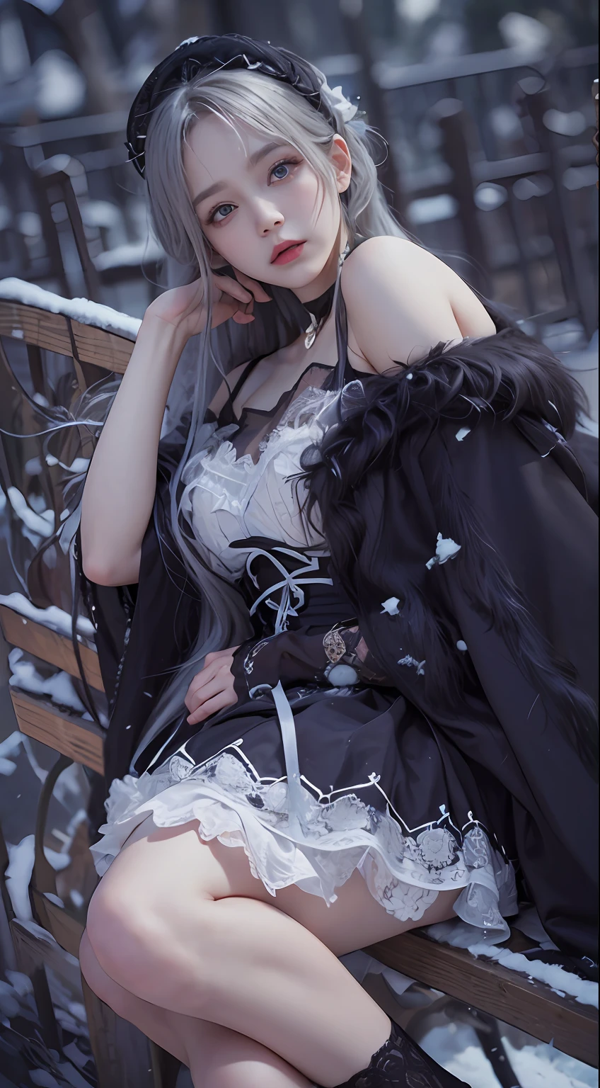 （8K，RAW photos， best qualtiy， tmasterpiece：1.2），（realisticlying， photograph realistic：1.4)，Hide your face with sadness，
Lolita costume，Lace， Aerith Gainsborough， The upper part of the body，upper legs，Lace， undergarments，exposed bare shoulders， do lado de fora， (outside，Covered with snow，cloaks，) high high quality， Adobe Lightroom， highdetailskin， looking at viewert，