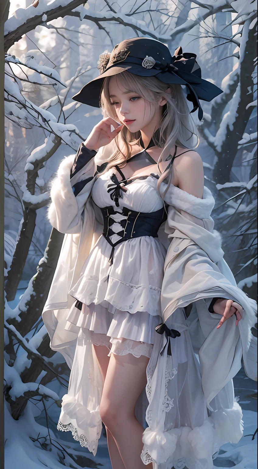 （8K，RAW photos， best qualtiy， tmasterpiece：1.2），（realisticlying， photograph realistic：1.4)，Hide your face with sadness，
Lolita costume，Lace， Aerith Gainsborough， The upper part of the body，upper legs，Lace， undergarments，exposed bare shoulders， do lado de fora， (outside，Covered with snow，cloaks，) high high quality， Adobe Lightroom， highdetailskin， looking at viewert，