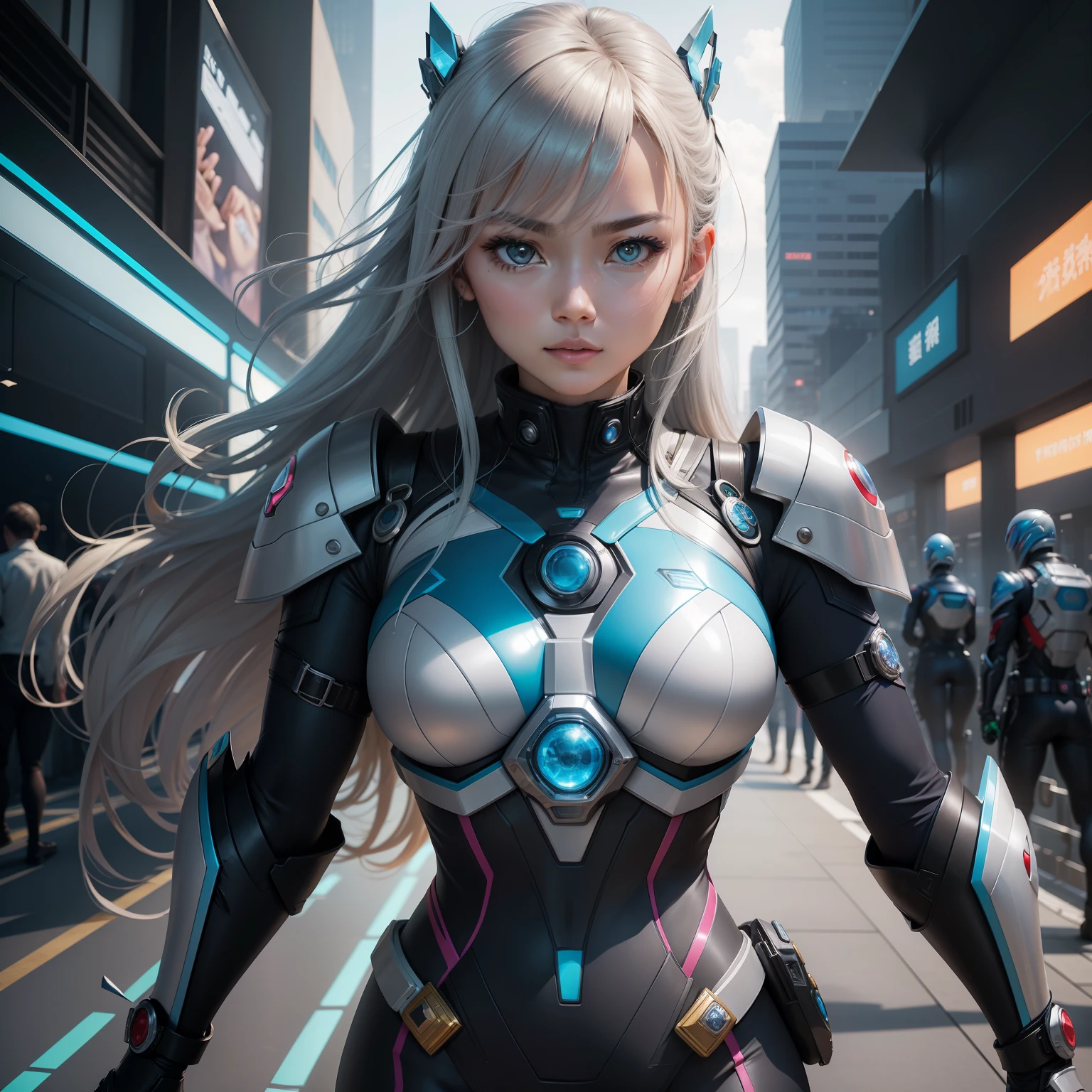 Izu, the lovely HumaGear Secretary from Kamen Rider Zero-One. She is depicted with her characteristic features, como cabelos curtos e loiros, olhos grandes e expressivos, e sua vestimenta elegante e futurista.
Izu is in a confident and determined pose, demonstrating his skill and intelligence as an assistant to Aruto Hiden, o Kamen Rider Zero-One. She holds a holographic tablet in her hands, showing your efficiency in dealing with technology and information.
The backdrop is a combination of a corporate and futuristic environment. May include elements such as modern skyscrapers, holographic screens displaying data and graphics, plus other HumaGears in the background, realizando tarefas e trabalhando em conjunto.
As cores da arte podem ser vibrantes e futuristas, with shades of blue and silver to emphasize the connection to the advanced technology of Kamen Rider Zero-One.