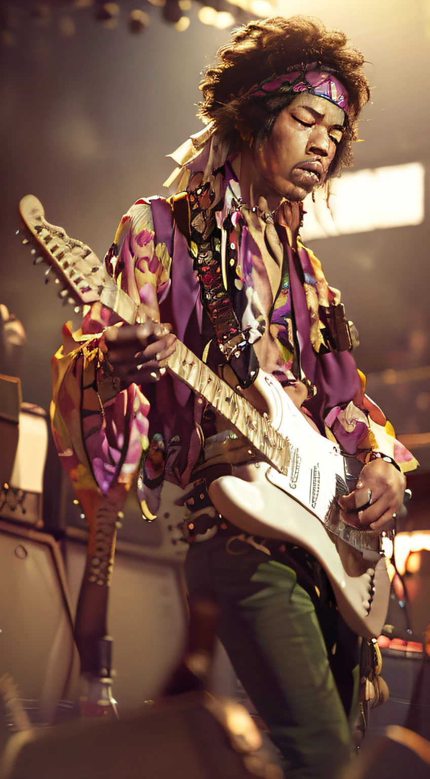 top-quality。Male guitarist。(Photorealistic images by Woodstock:1.4)。Sow bandana on long hair、６０Play chronological music。Flutter and wear waistcoat and costume、Playing guitar with a big amp in the background。Black but white、There is a technique to easily silence。Purple haze!Stratocaster Guitar、Color is white。Marshall's Amp 100ｗUsing、Ring in full up。livestream, Poured gasoline on the guitar.、Set fire and burn、Eccentric to break at the end。６０Although the times and eras are old、Live action。Oira　Jimi Hendrix！Dacchi!