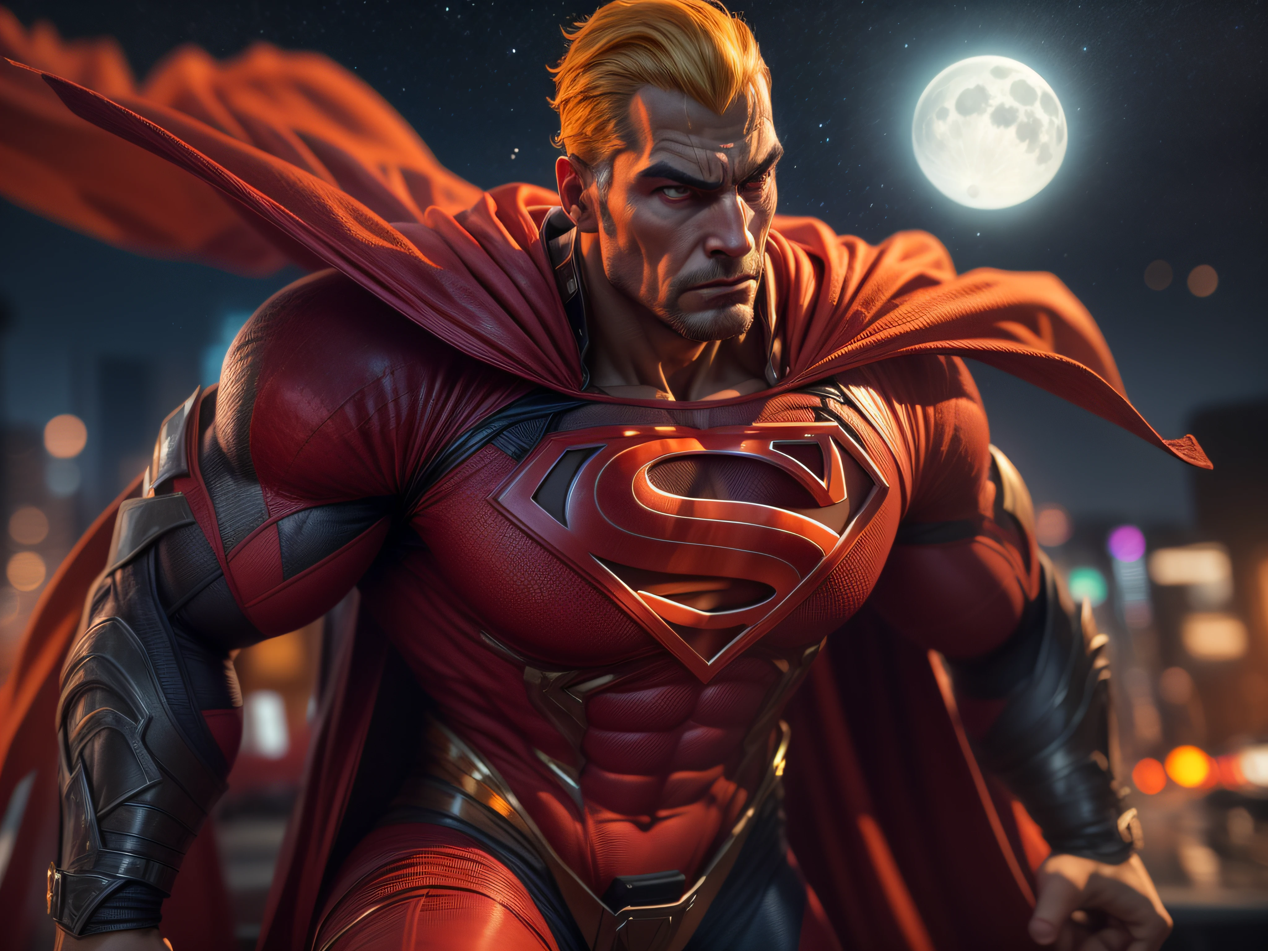Close a powerful threat, The imposing appearance of the mighty Superman dressed in orange uniform, menacing stare, ricamente detalhado, Hiper realista, 3D-rendering, obra-prima, NVIDIA, RTX, ray-traced, Bokeh, Night sky with a huge and beautiful full moon, estrelas brilhando, 8k,