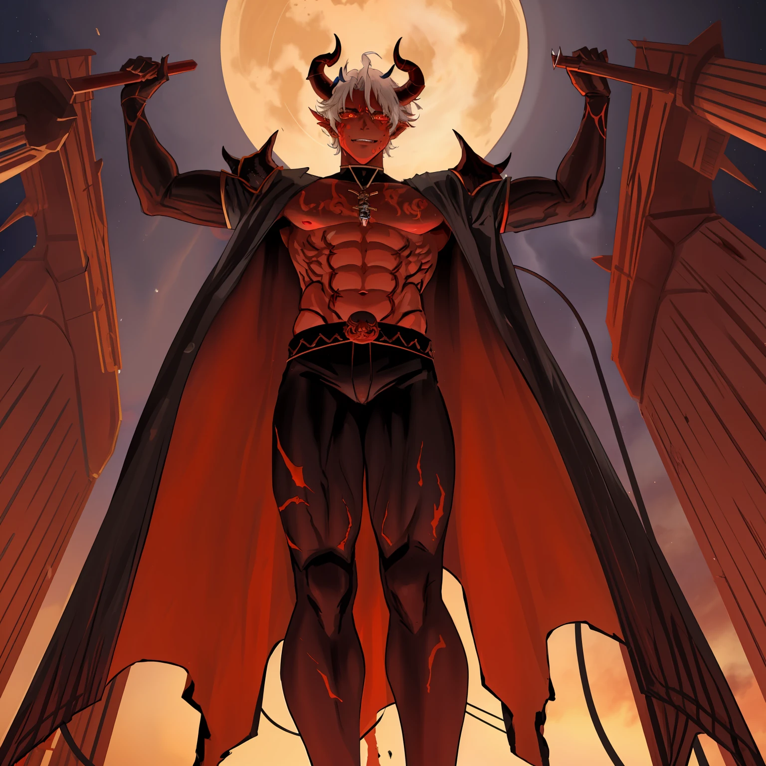 fit male demon with horns, oni horns, with horns, red skin, towerring above you, (((from below))), 500 meters tall, towering above planet, destruction, cosmic background