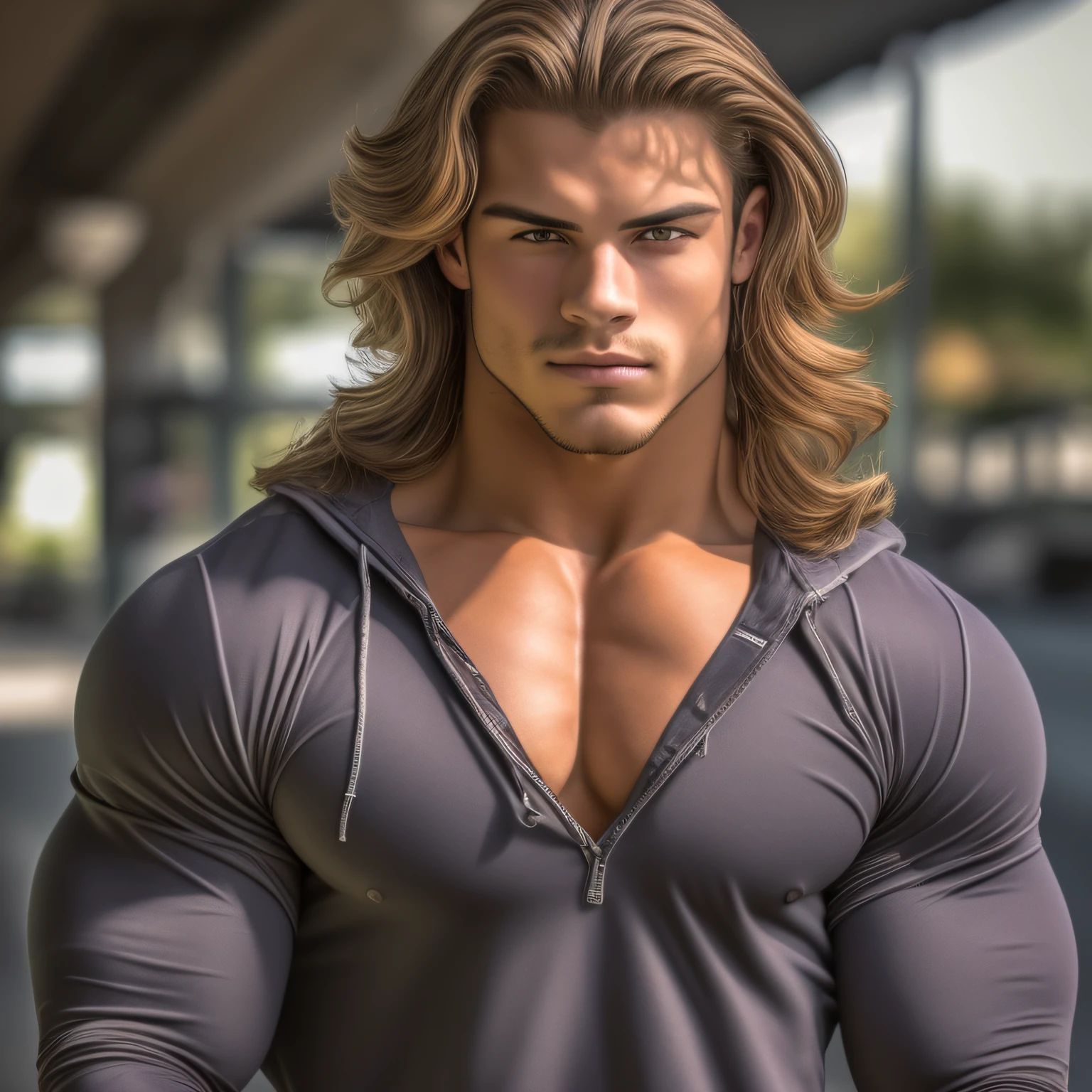 Super buff and cool 18 year old boy bodybuilder, embodying the perfect fusion of Joey Lawrence and Cody Calafiore and Dominick Niccolai with long hair, arrogantly displaying his swoll pecs with a conceited smirk, Enhanced with HDR technology, this image depicts a true masterpiece, 4K resolution, in the style of furious fotog, outdoor lighting, light reflections
