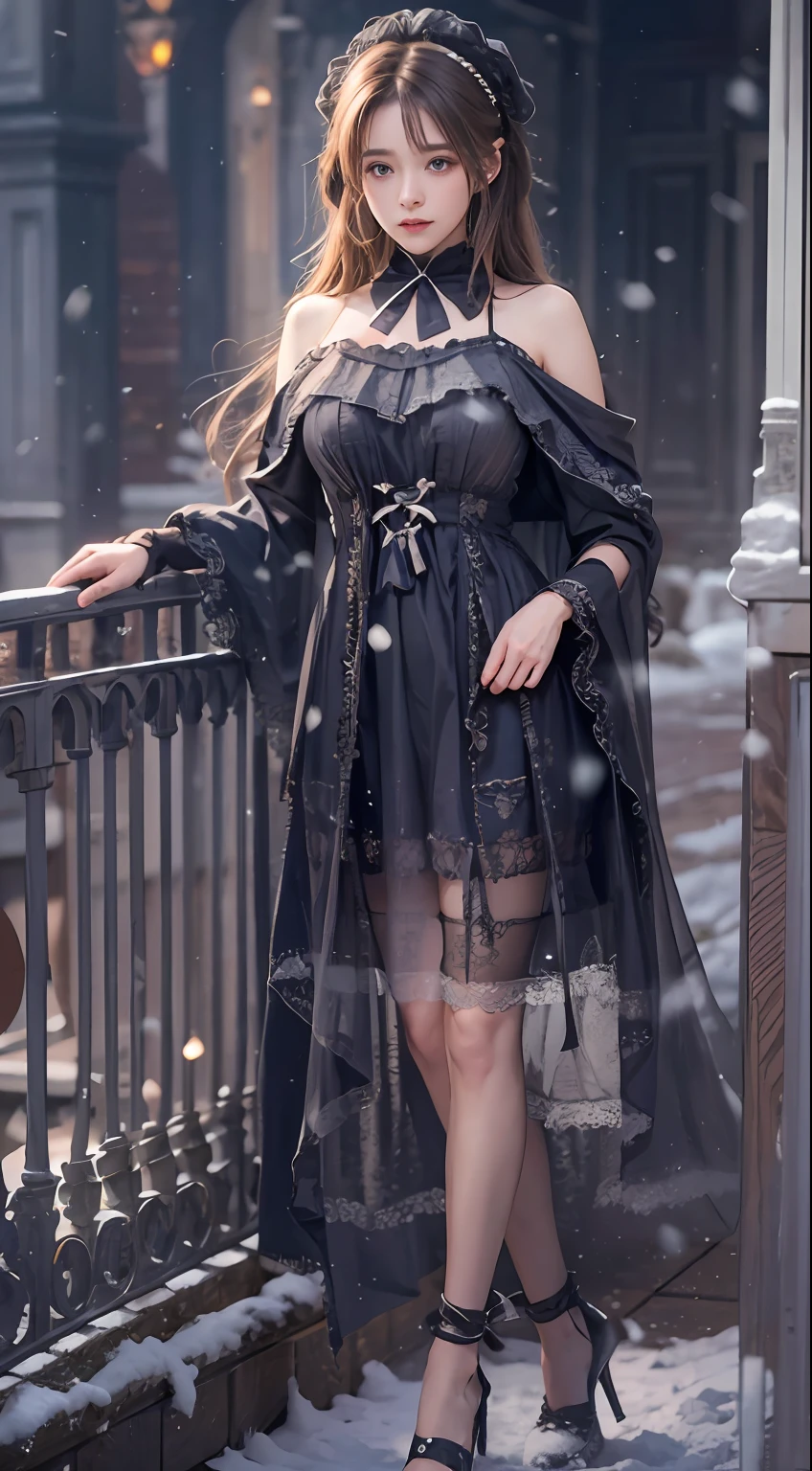 (8K,RAW photos, best qualtiy, tmasterpiece:1.2),(realisticlying, photograph realistic:1.4),Hide your face with sadness,
Lolita costume,Lace, Aerith Gainsborough, The upper part of the body,upper legs,Lace, undergarments,exposed bare shoulders, do lado de fora, (outside,Covered with snow,cloaks,) high high quality, Adobe Lightroom, highdetailskin, looking at viewert,
