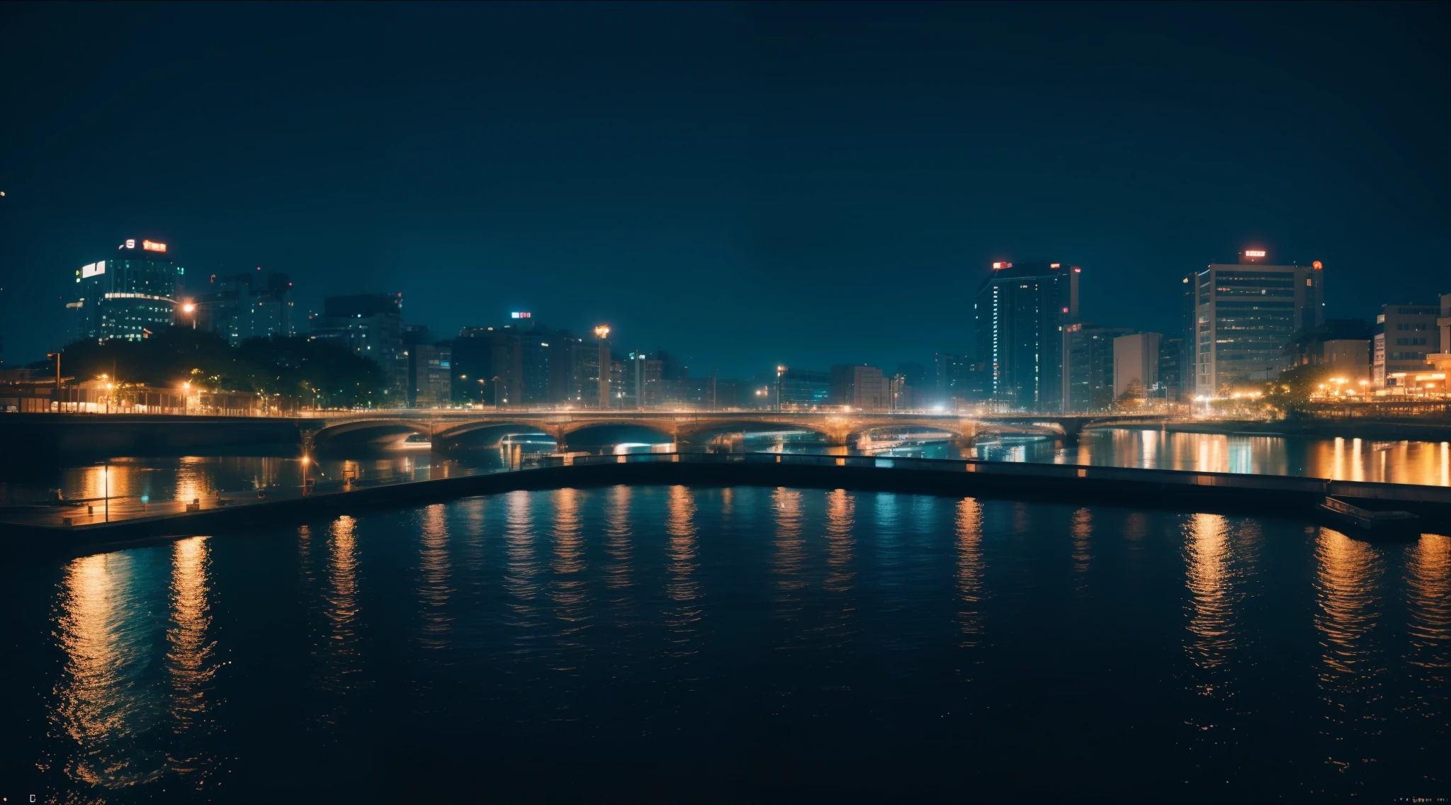 Small river, Osaka at night, Shots from close range, sony a7, Film grain, Cinematic lighting, Photorealistic, 32K, diffuse reflection, colorful shiny particles, Lens Flare, Soft lighting