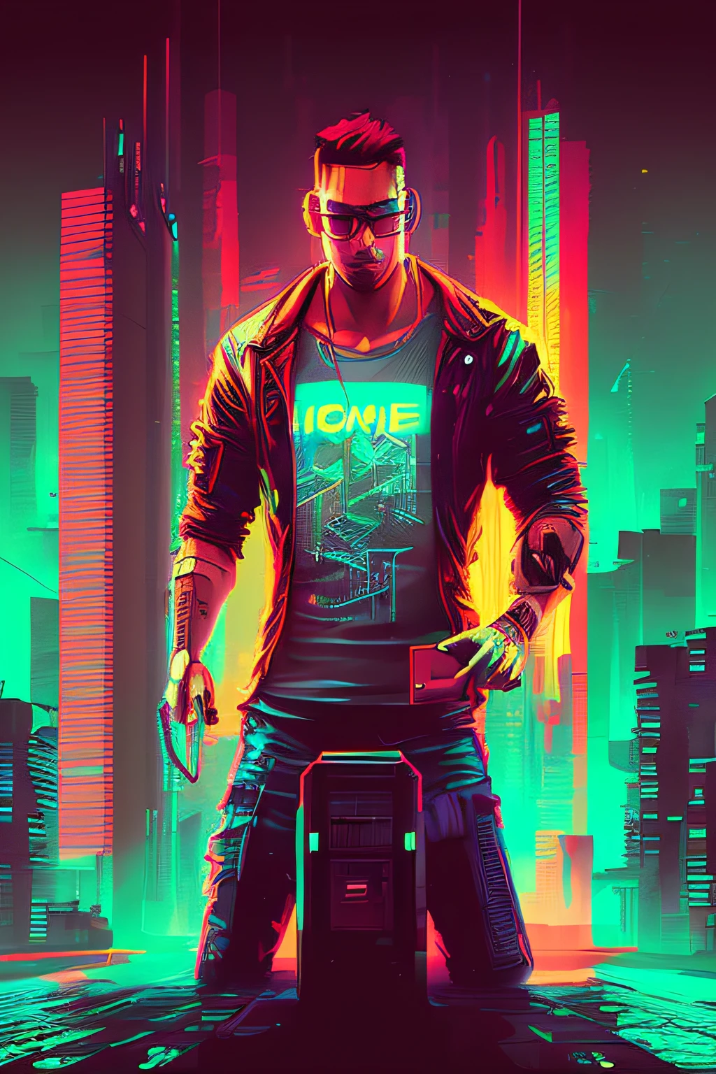 t-shirt art cyberpunk, Homem bebado, epic illustration, vetor, 2d illustration, fundo preto, muito colorido, gradiente completo de cores modernas, centrada, vista frontal