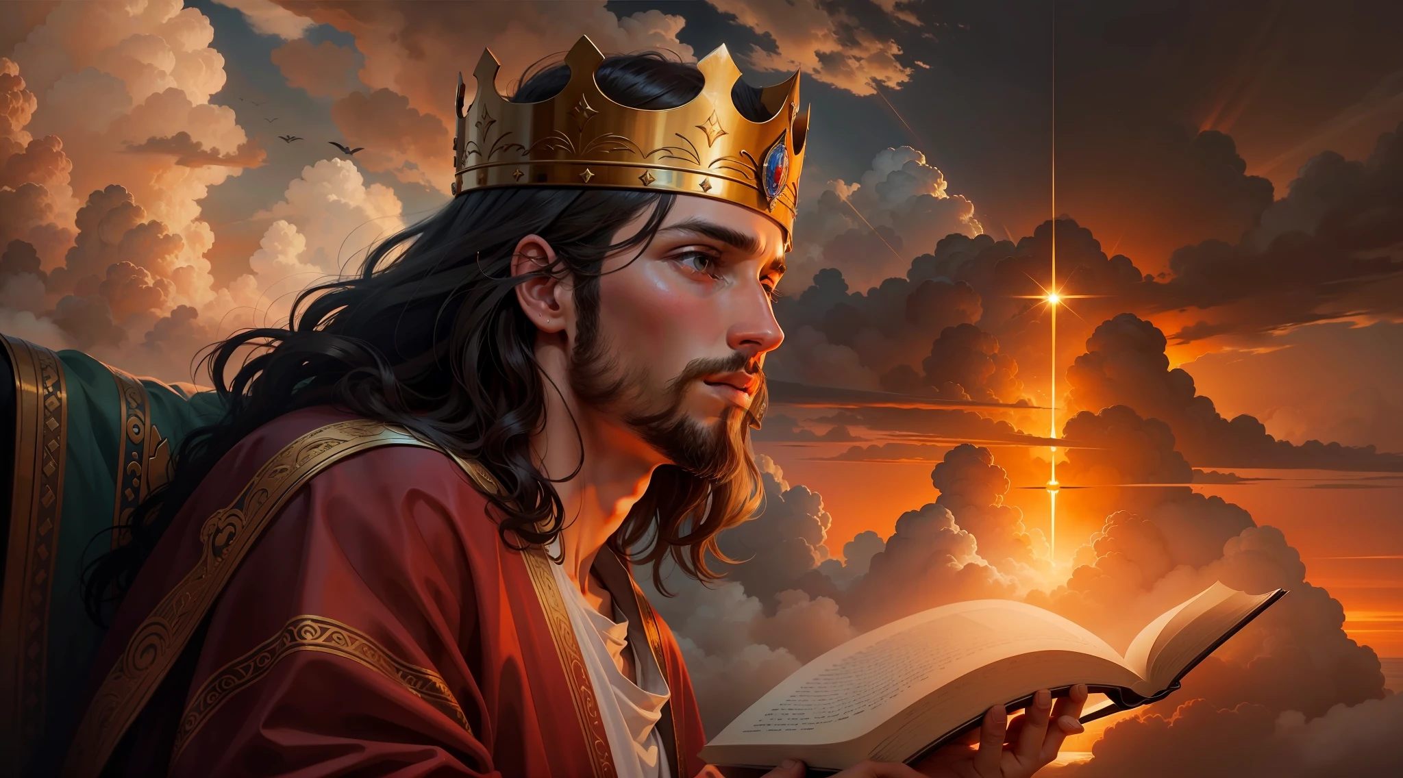 [uma pintura realista de Jesus, rosto bem feito, Read the Bible with a golden crown amid the clouds of the burning sky]