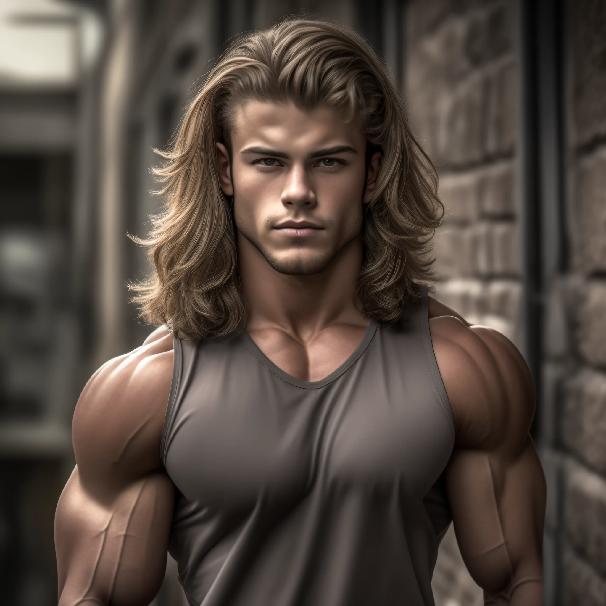 Super buff and cool 18 year old boy physique competitor, embodying the perfect fusion of Joey Lawrence and Cody Calafiore and Dominick Niccolai with long hair, arrogantly displaying his swoll pecs with a conceited smirk, Enhanced with HDR technology, this image depicts a true masterpiece, 4K resolution, in the style of furious fotog, outdoor lighting, light reflections