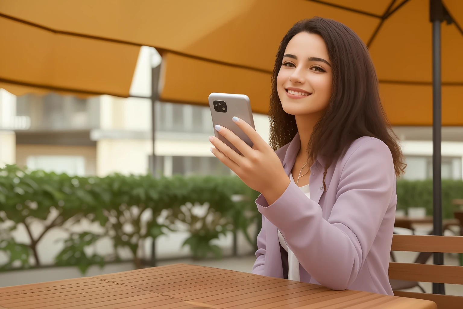 smiling woman sitting at a table with a cell phone in her hand, verificando seu telefone, she is holding a smartphone, verificando o celular dela, sitting in a cafe alone, selfie de uma jovem mulher, Deusa verificando seu telefone, sitting at a café, Directed by: Emma Andijewska, sentado em uma mesa cor de mocha, Shutterstock, foto de retrato, Foto de Stock