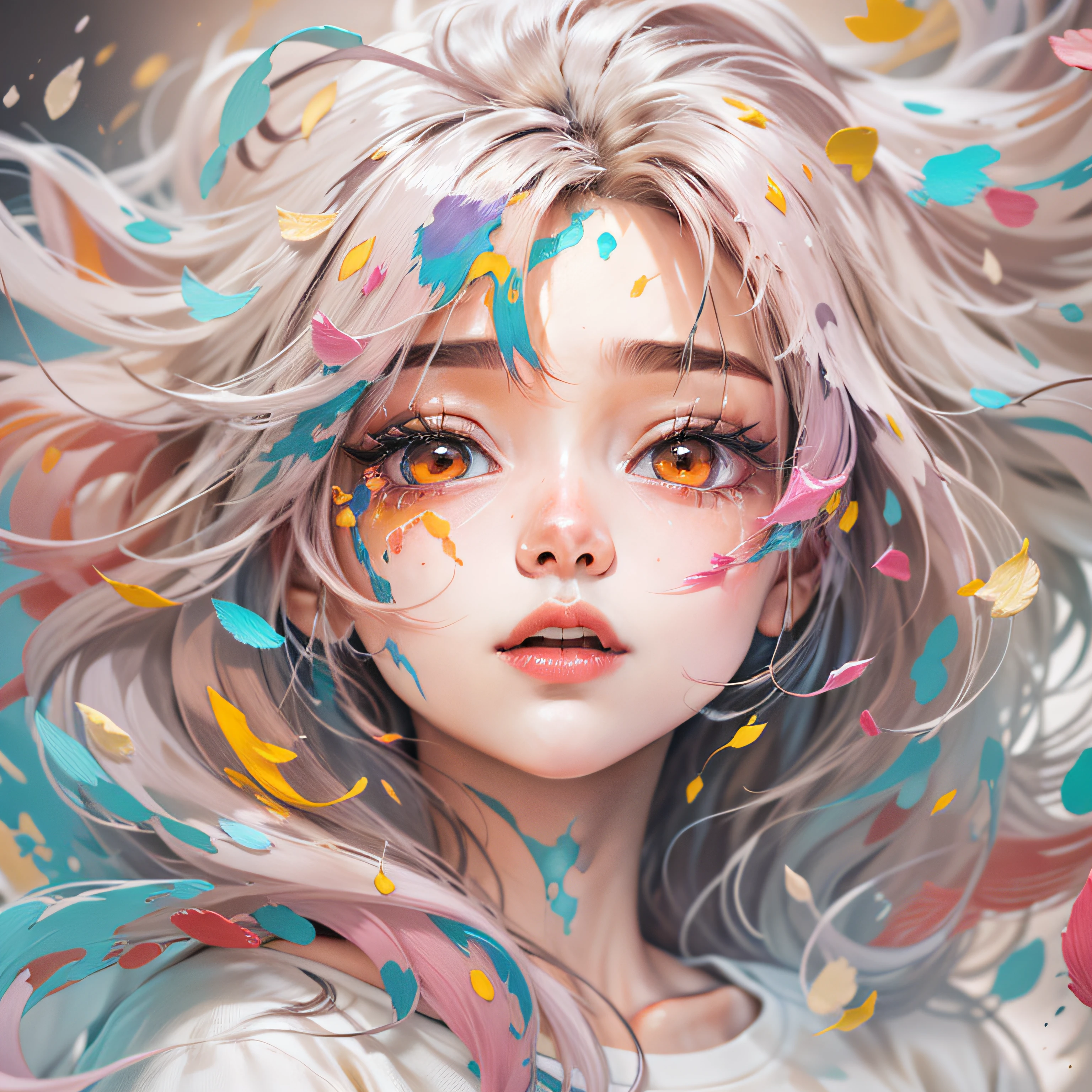 ((Masterpiece)), (Best Quality)),( Back Ground:1.5), ((Hyperdetail)), (Illustration), (Dynamic Angle), (Floating), (Paint), Color Splash, Color Explosion, Thick Lacquer Style, Messy Lines, (((Colored Background)), ((Shiny)), Thick Paint Style, (Color Splash), Vertical Painting, Upper Body, Paint Splash, Acrylic Paint, Gradient, Paint, Highest Image Quality, Highest Quality, Dynamic Tracking, Masterpiece, Solo, Depth, Face Paint, Colored Clothes, (elegance: 1.2), gorgeous, long hair, wind, (petals: 1.4), (vertical painting: 1.6), (painting: 1.6), front, manga, illustration, drawing, (solo), (1 girl), ((detailed anima face))), ((beautiful detail face)), big eyes, clear eyes, (rainbow gradient high ponytail: 1.7), delicate makeup, closed mouth, (small freshness: 1.5), (chest wipe: 1.6), long eyelashes, white shoulder off t-shirt, white shoulder shirt, looking at the audience, big water bead eyes, (rainbow hair: 1.6), color splash, (solo:) 1.8), ((loose hair)), bare shoulders, (pink fashion t-shirt: 1.9), (colored hair: 1.8), (all colors of the rainbow: 1.8), ((high saturation))), (((color splash around)),