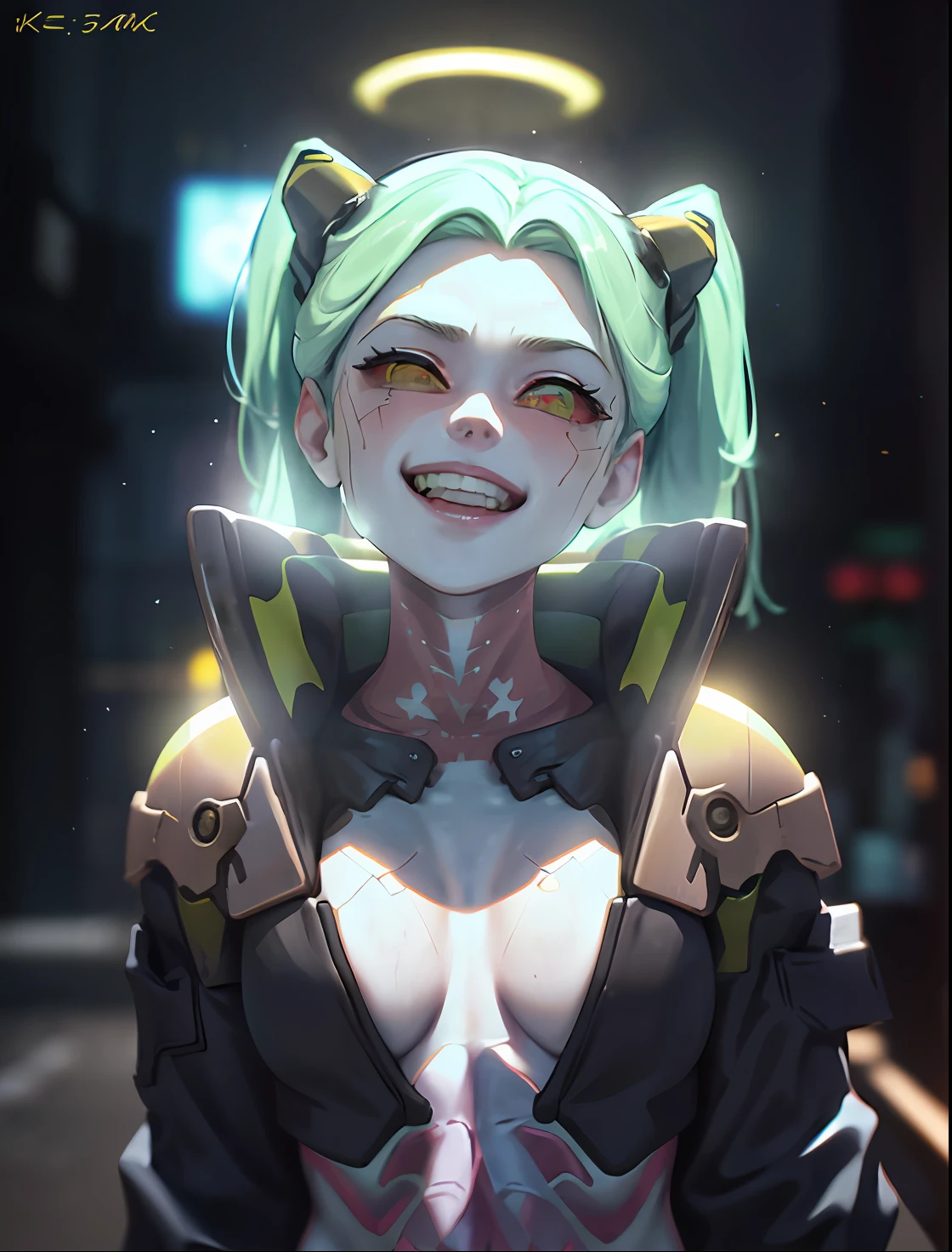 (cinematic, 8k, best quality, masterpiece: 1.2), (realistic, photo-realistic: 1.37), ultra-detailed, soft light, best quality, ultra highres, raw photo in HDR, sharp focus, intricate texture, skin imperfections, 1 girl, cute, solo, raw photo, Rebecca a robotic girl with green hair, laughing, pink tattoo on her neck and belly, wearing a black jacket with yellow details,  holding a pistol in hand, 19yo, camel fingers, slim body, warm body, shiny skin, realistic textures, reflected lighting, volumetric lighting. Background a cyberpunk city at night, neon lighting.