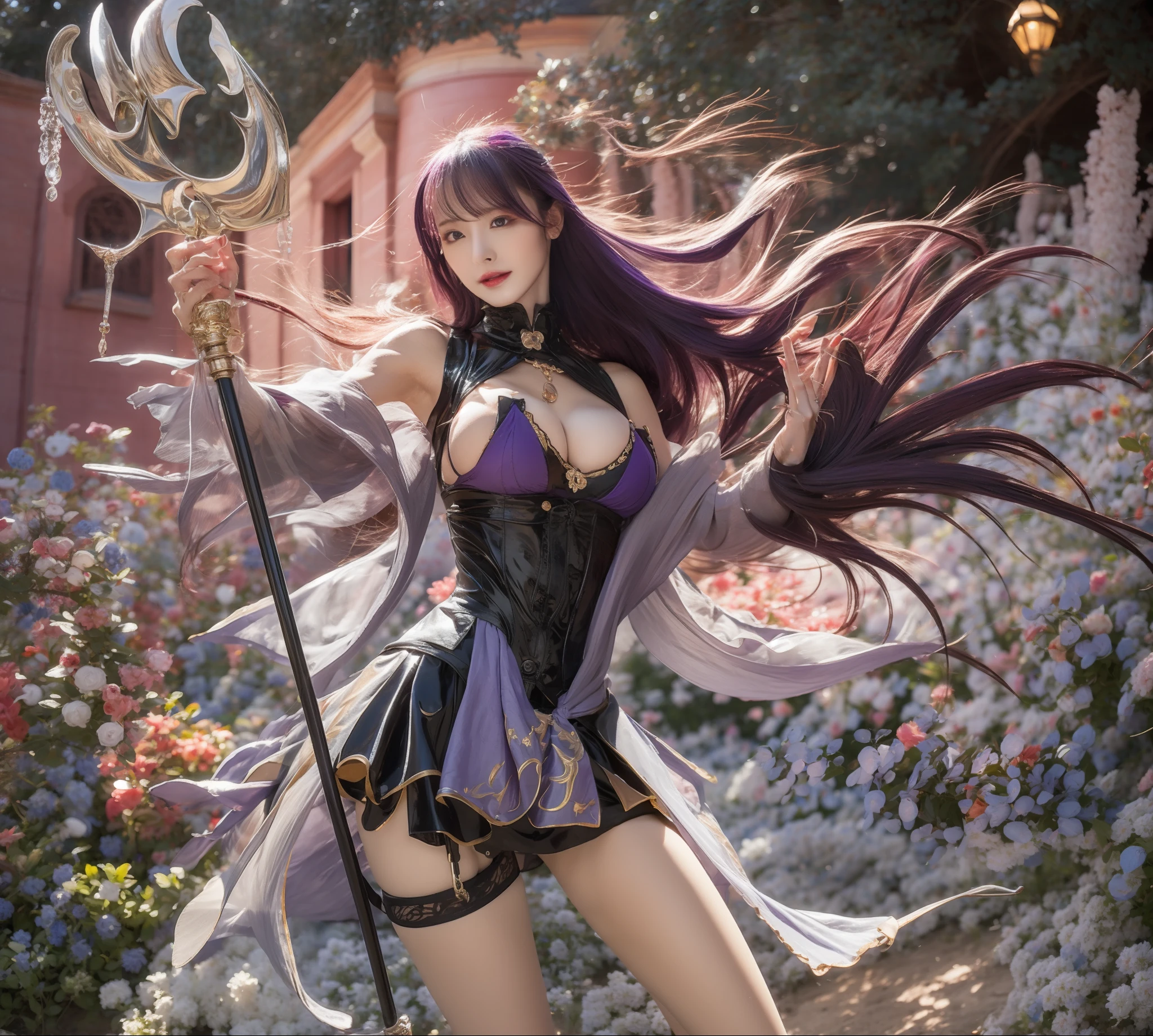 female mage,Excellent temperament,详细的脸,Aristocratic temperament,Beautiful and dignified,Full breasts,Purple colored hair,Purple attire,holding a staff,high high quality,illustrious,RAW photos