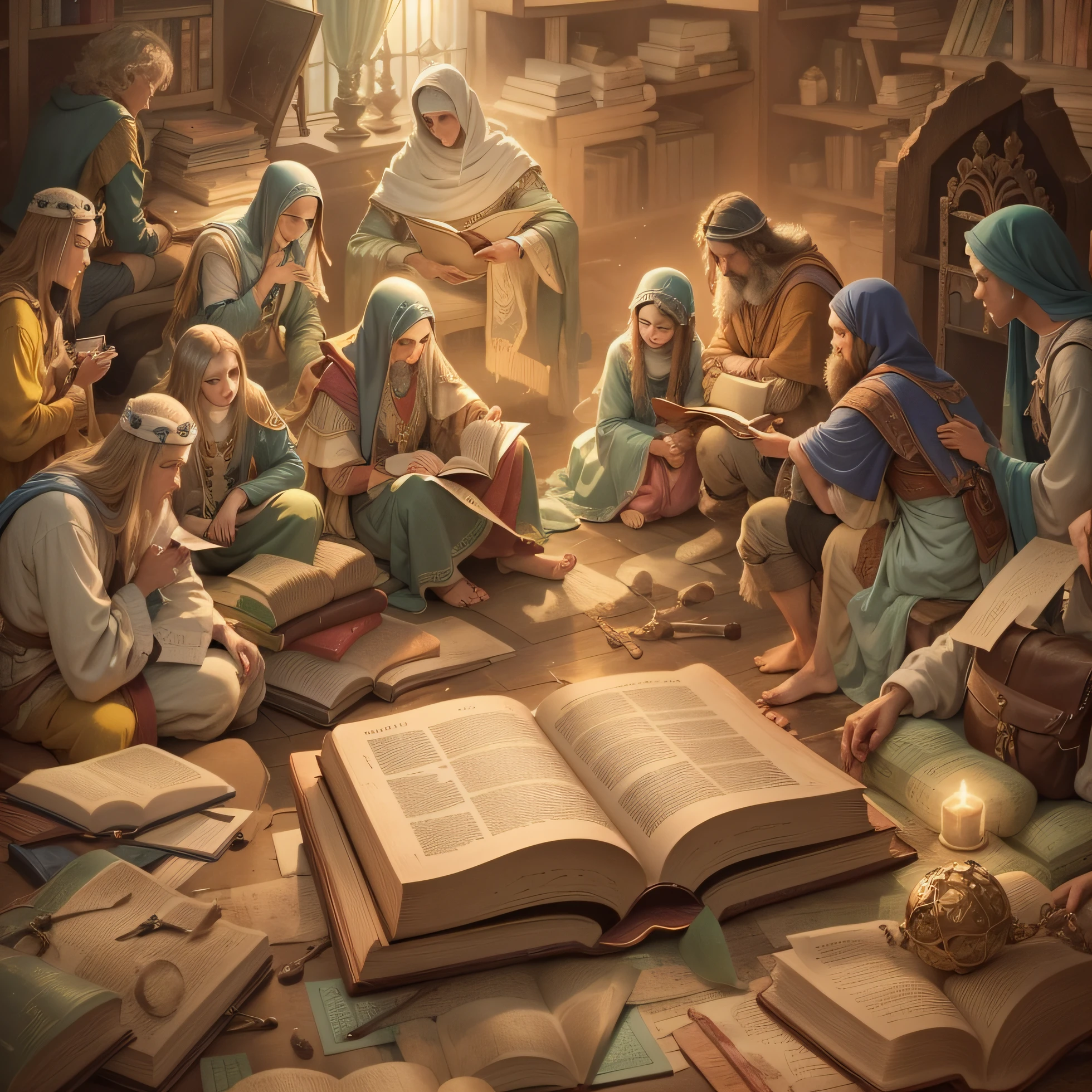 description: Crie uma imagem ilustrativa para a foto de capa do YouTube, highlighting an open Bible, mostrando passagens significativas. Add symbolic elements of Bible stories around the Bible. Use cores suaves e douradas para transmitir uma atmosfera serena. Add artistic details, remetendo ao estilo das escrituras antigas. The goal is to underscore the importance of the Bible as a spiritual guide and source of wisdom and inspiration.