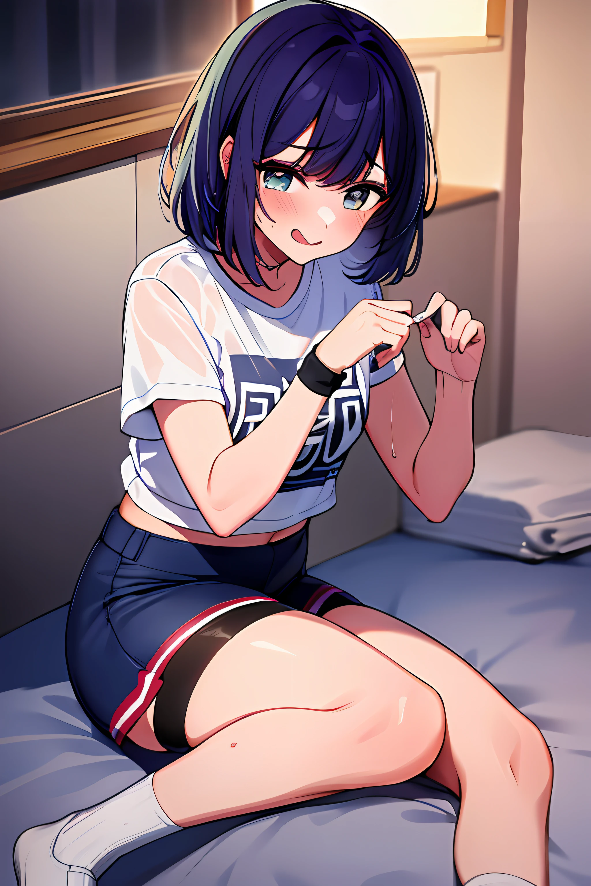 tmasterpiece， high high quality， 8K， beautiful light up， 1girll， 独奏， akane， white  shirt， tee shirt， blue short pants， 无袖， looking at viewert， sitted， Bedrooms，heart - shaped pupils，full face blush，steamy，sweat leggs，Love to fight，and the tongue sticks out，embarressed，Behold the，wetclothes，tmasterpiece，Best quality at best，