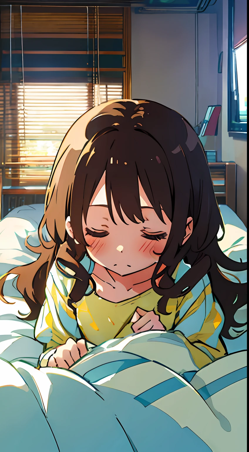 One girl、Brown hair、Wavy hair、futon bedding、sleep、Cute room、masterpiece、top-quality、Top image quality、onepiece