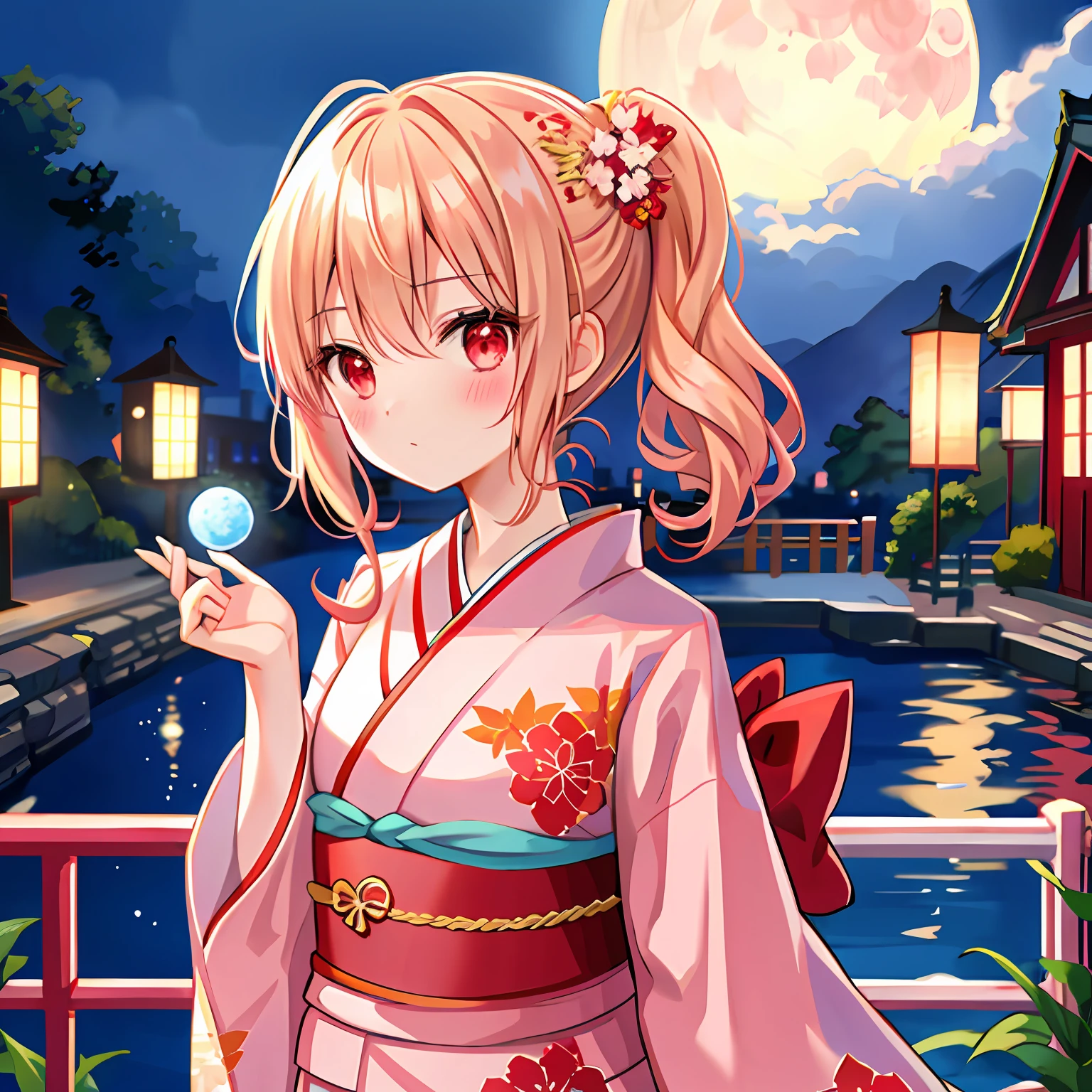 red blush、blonde  hair、Hair is up、red eyes、Beautiful girl alone、animesque、独奏、lonely、a moon、natta、kimono
