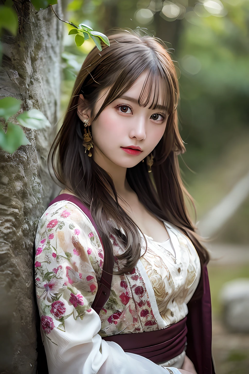 best quality, high resolution, extremely detailed photography, (photorealistic), upper body shot, professional lighting, ((a girl, solo)), beautiful detailed face and eyes, Serenity, wearing Bohemian clothes, in Majestic mountains