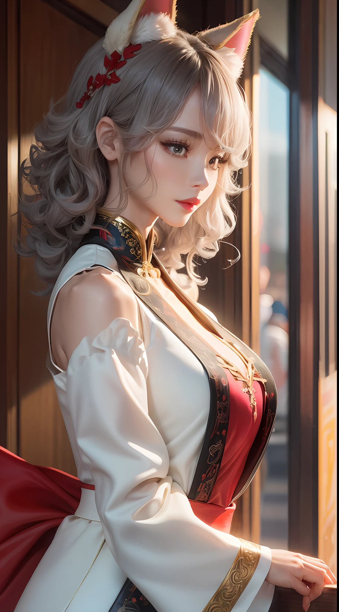 extremely detailed CG unity 8k wallpaper,(Masterpiece),(Best quality),(Ultra detailed),(Ultra photo realsisim),(best character detail:1.36),Nikon D750 f/1.4 55mm,Dynamic Angle,Professional lighting, photon maping, Radio City, Physically-based rendering, Outdoors,busy street,view the viewer,Blush, 1girll,Pure woman,A MILF,Tall body,Golden proportions,(Kpop idol),(Shiny skin:1.2),(Oil skin:1.1),Makeup,[:(com rosto detalhado:1.2):0.2]:,PureErosFace_V1, ((Curly gray hair and a refined sense of fashion)),(aegyo sal:1),(Puffy eyes),(eyeslashes:1.1),(parted lip:1.1),Red lipstick,Wide shoulders,perfect body figure,Animal ears, Silk coat, Song, Song Dynasty, song clothing --auto