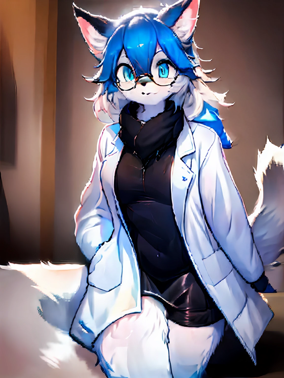 Anime character with arctic fox ears wearing lab coat and blue scarf,Arctic fox with fluffy blue fur and tail,Wear half-rimmed glasses,Arctic fox beauty in lab coat, Fox scientist, professional furry drawing,Only one tail