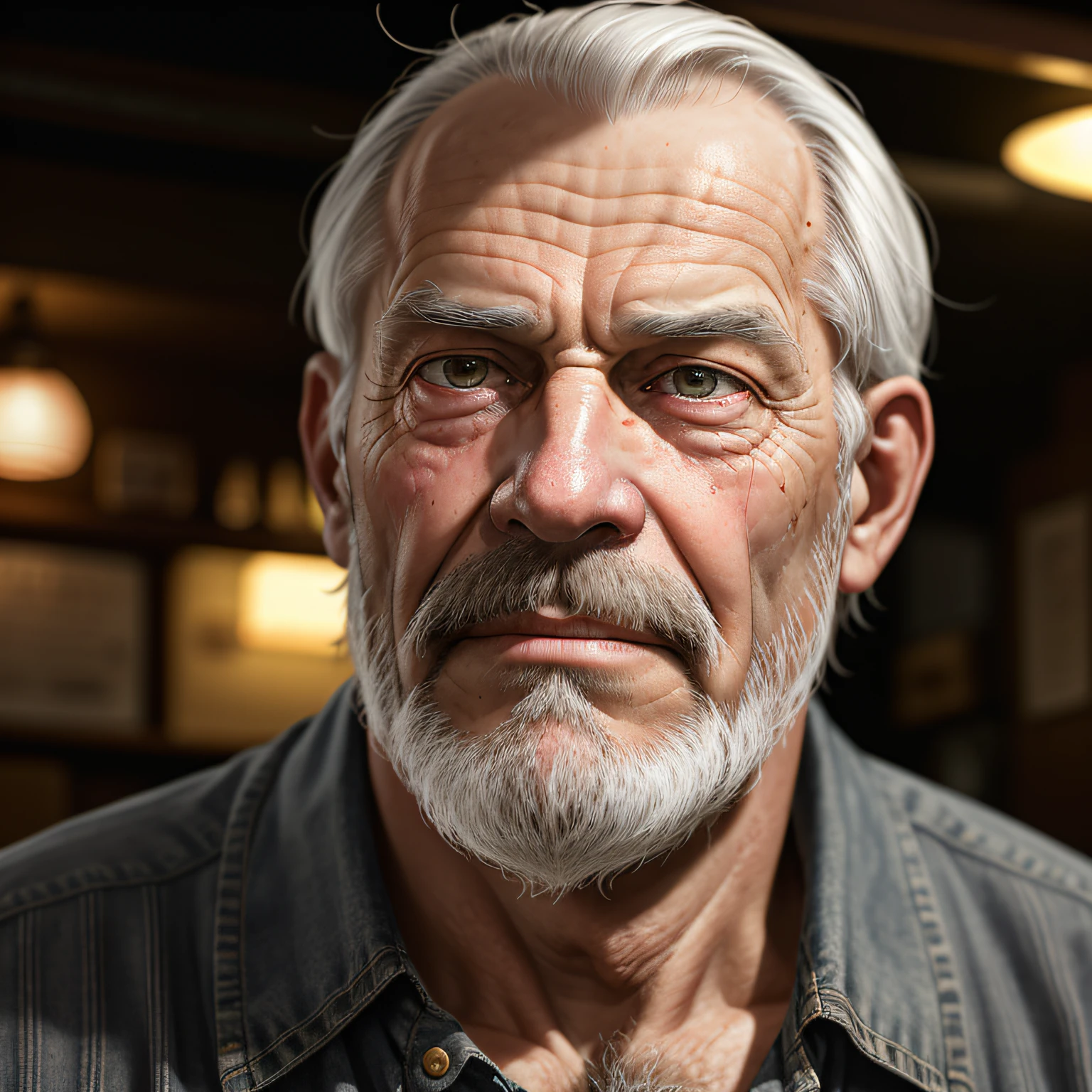 photograph of an old man with wrinkled skin and a grey beard, in an old bar, gloomy, moody, ultra realistic, ultra detailed, photorealistic