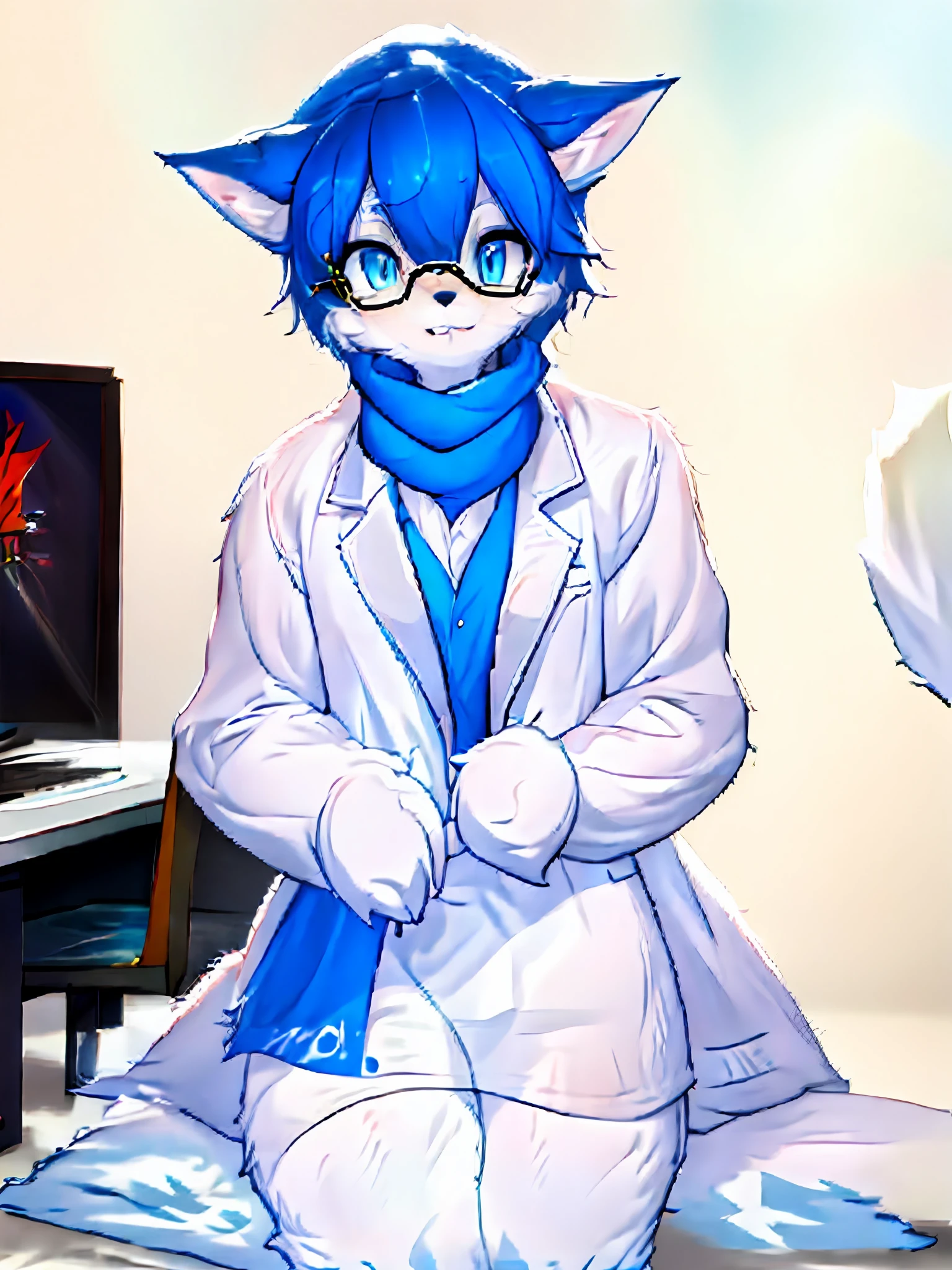Anime character with arctic fox ears wearing lab coat and blue scarf,Arctic fox with fluffy blue fur and tail,Wear half-rimmed glasses,Arctic fox beauty in lab coat, Fox scientist, professional furry drawing