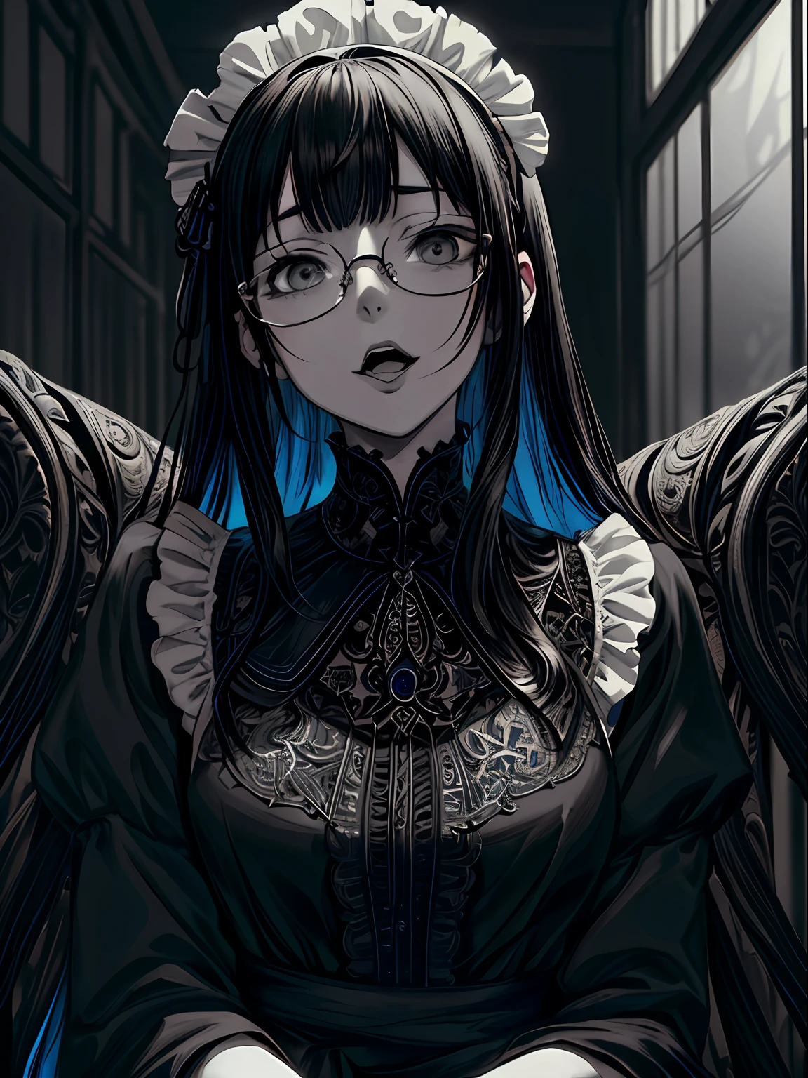 ?????? (???????????? / ?????? ???????),Cross-eyed、Stranger、Looking at others、Blunt bangs、Sitting,hand between legs,maid, Glasses, over-kneehighs,?????? , Silly,?????? ???????,Drunken eyes,Blunt bangs, Black hair,(masutepiece:1.2, Best Quality), (finely detailed beautiful eye: 1.2), (Detailed background,Dark Fantasy), (beautifull detailed face), High contrast, (Best Illumination, extremely delicate and beautiful), ((Cinematic Light)), Colorful, Hyper Detail, Dramatic light, Intricate details,