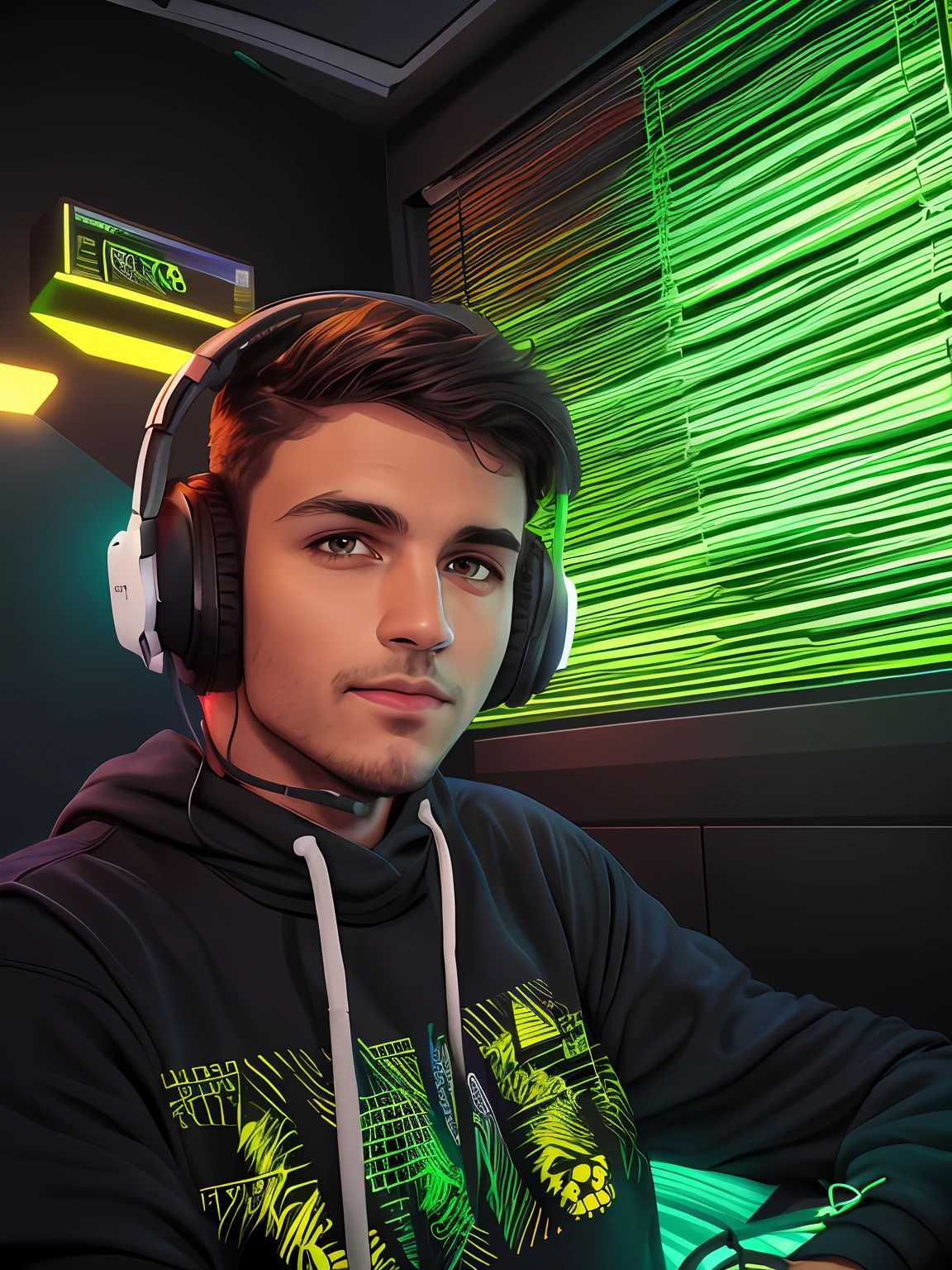 There's a man wearing headphones and a sweatshirt sitting at a table, Streamer do Twitch / Jogador , foto de perfil 1024px, Streamer do Twitch, com fones de ouvido, usando um fone de ouvido para jogos, imagem frontal, Anton Fadeev 8 K, usando fone de ouvido para jogos, Msxotto, imagem de qualidade muito alta,Razer, risco na sombrancelha